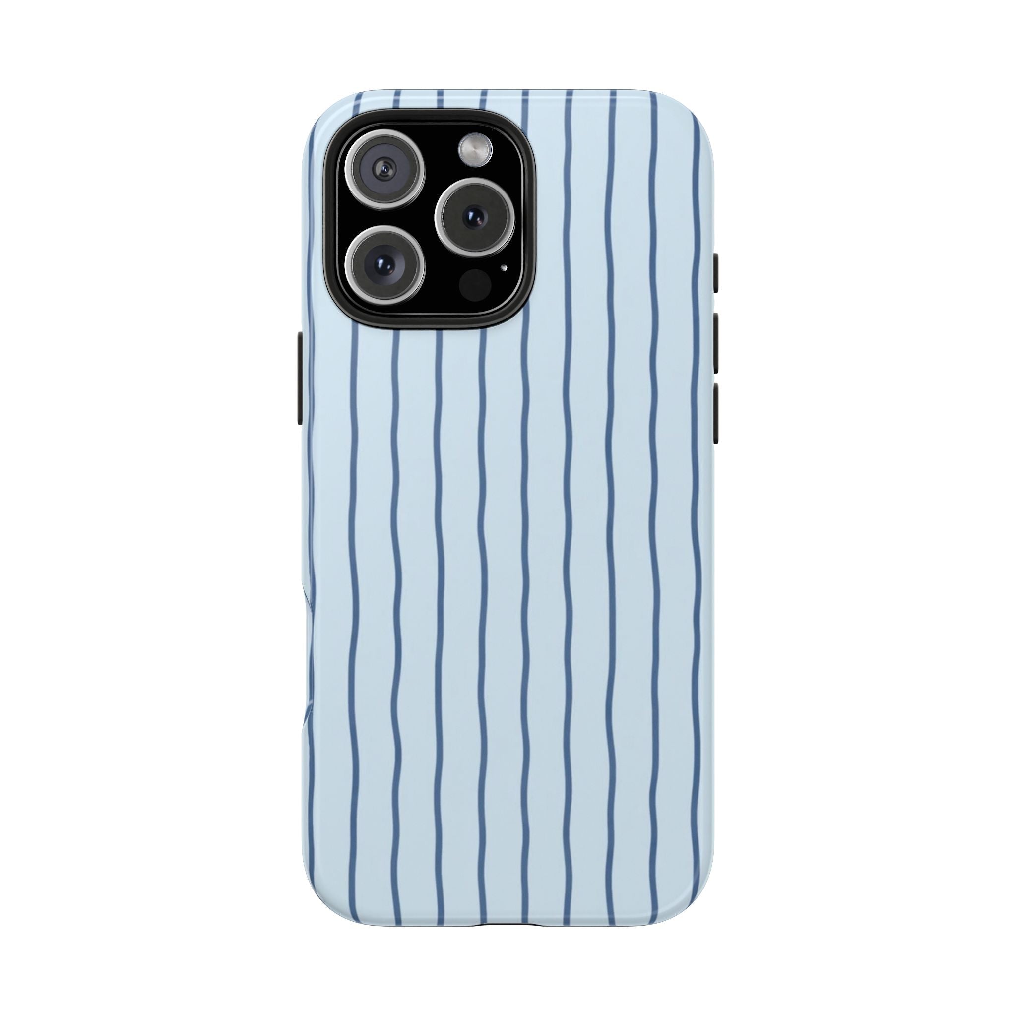 Light-blue phone case with vertical navy stripes, back view with triple camera cutout