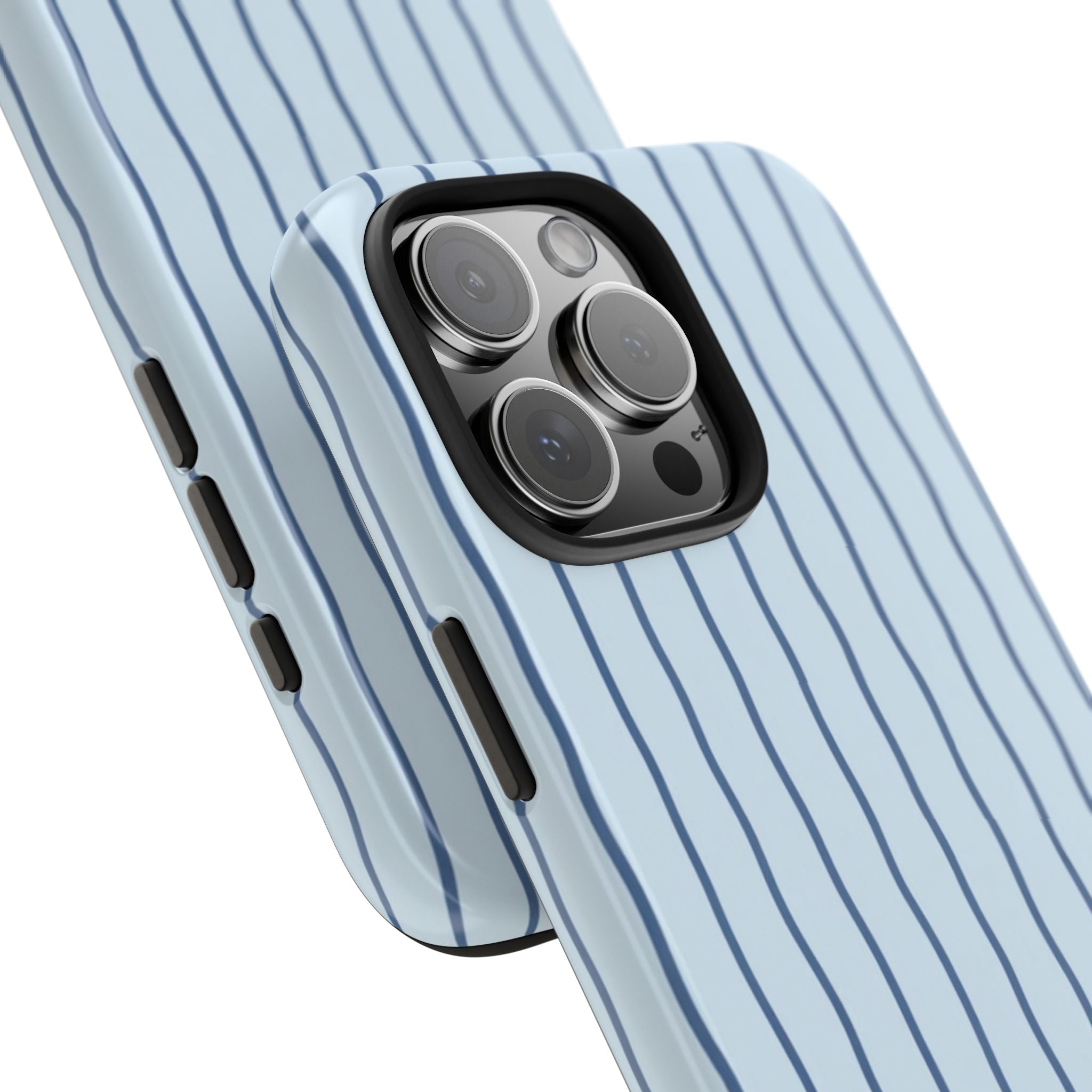 Light-blue phone case with navy vertical stripes, angled view of camera area