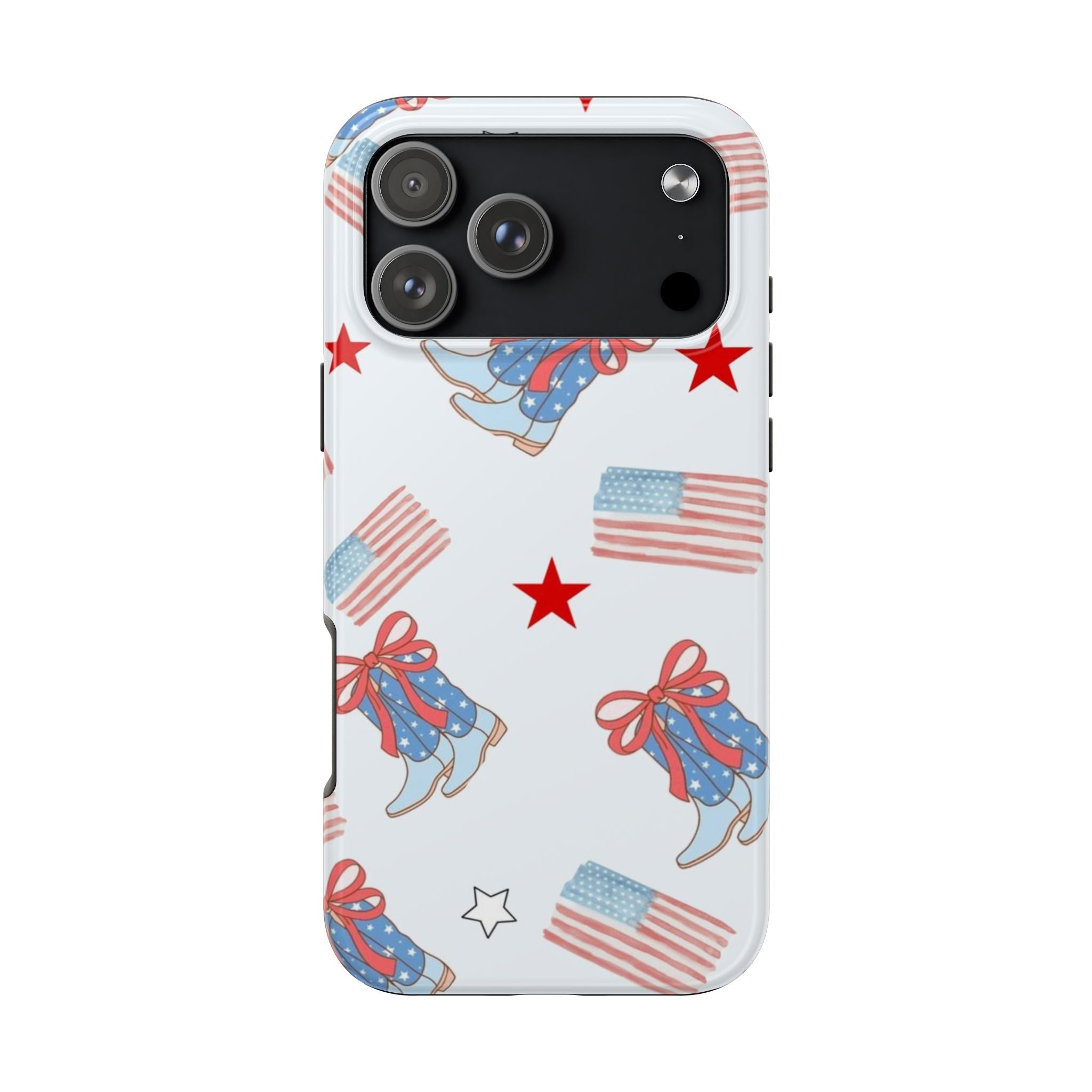 Country boots and stars phone case with red, white, and blue flags pattern