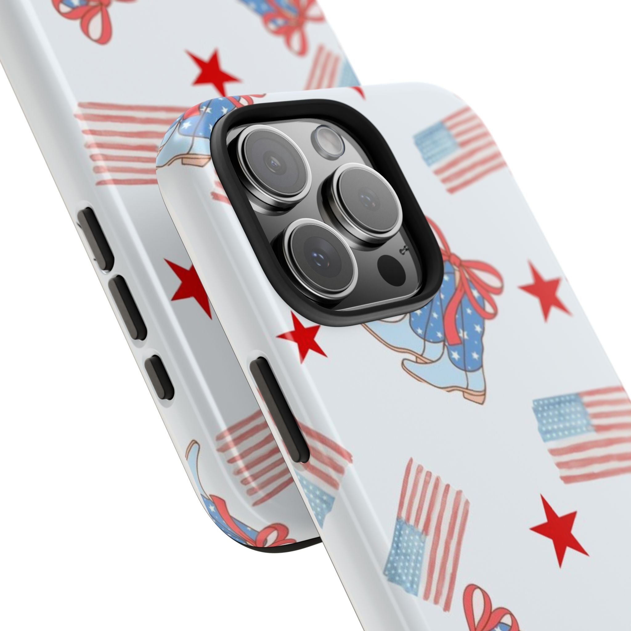 Close-up patriotic country boots phone case with stars and flag stripes pattern