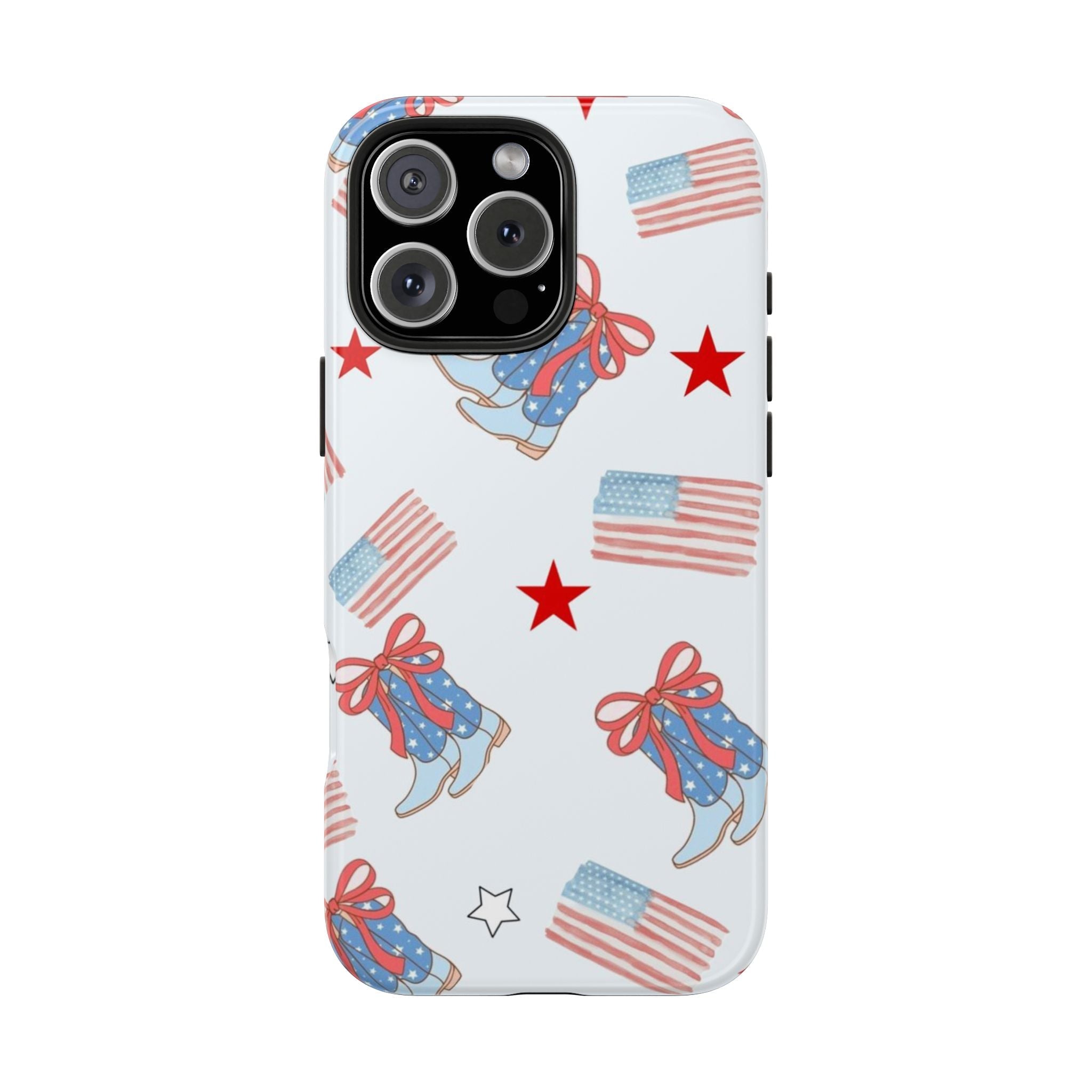 Patriotic country boot phone case with stars and U.S. flag print on white background