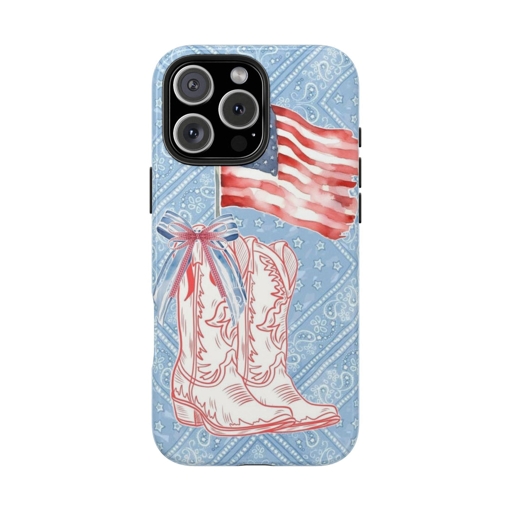 Blue bandana-style phone case with American flag stripes and white cowboy boots graphic