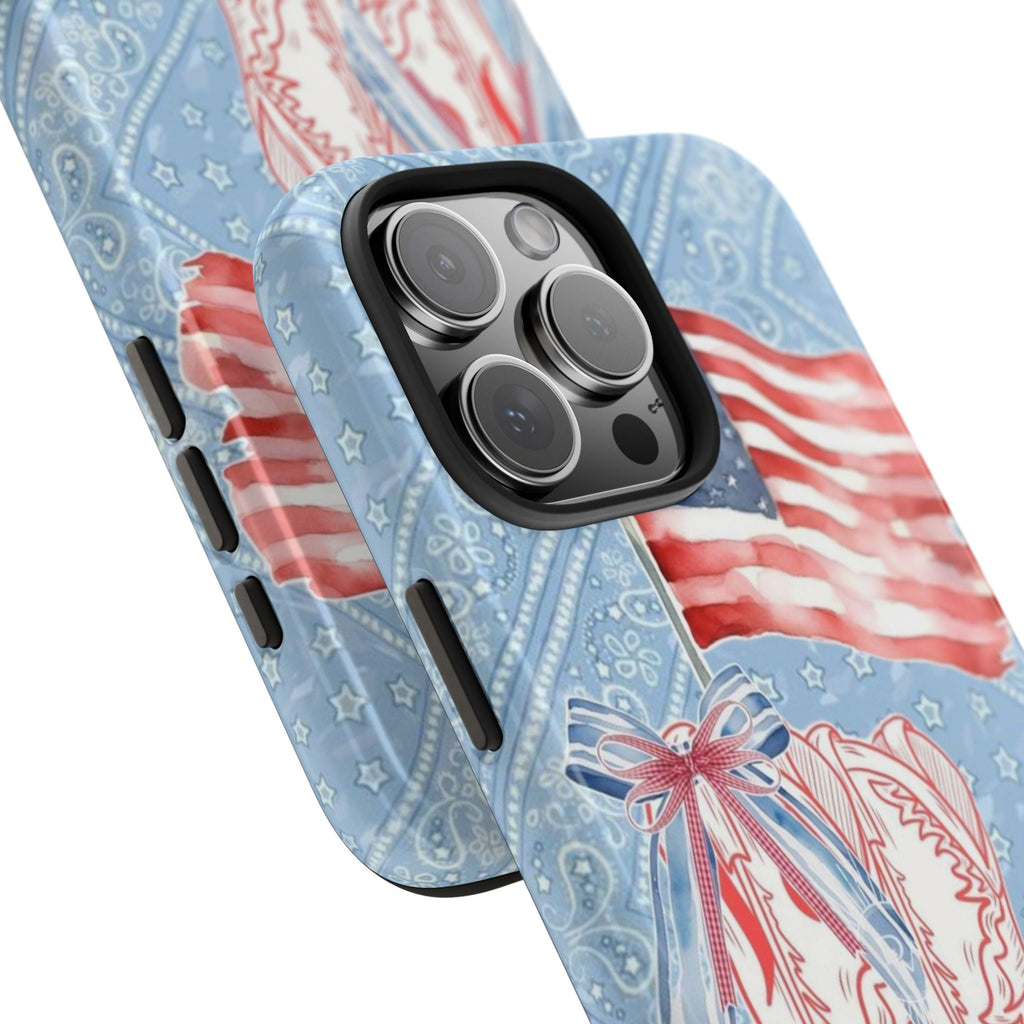 Angled phone case with American flag stripes, blue paisley pattern, and cowboy boots graphic
