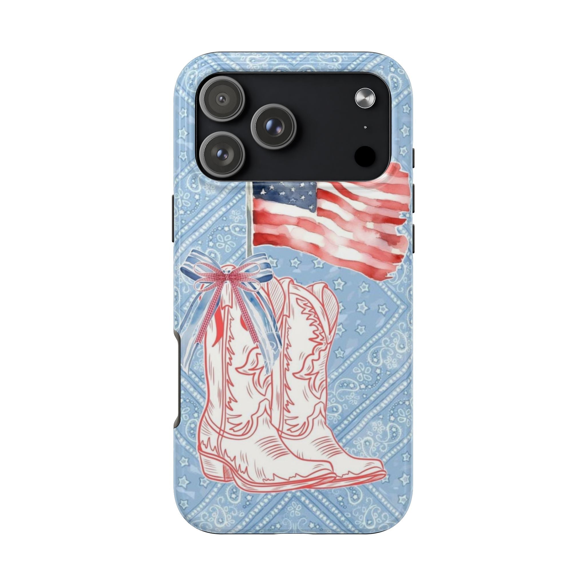 American flag panel and white cowboy boots on blue patterned phone case with camera cutouts