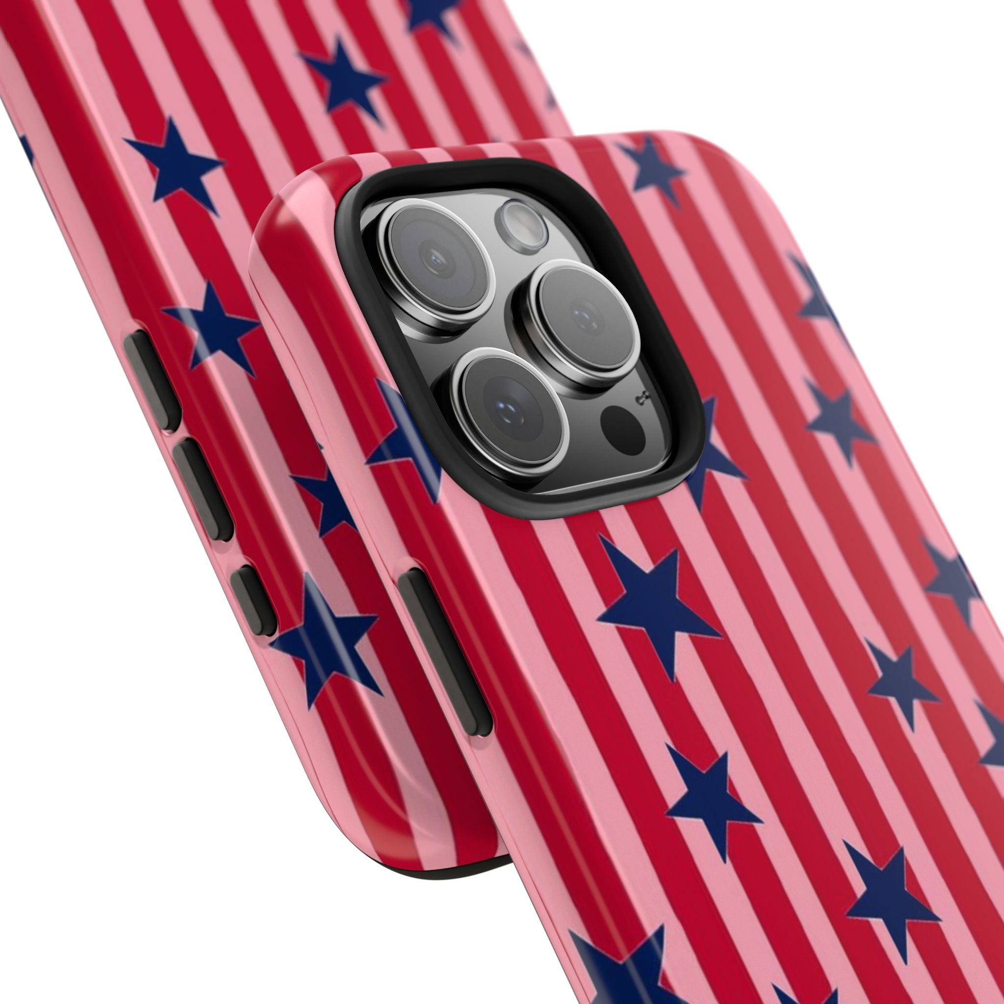 Angled red and white striped phone case with blue star pattern and cutouts