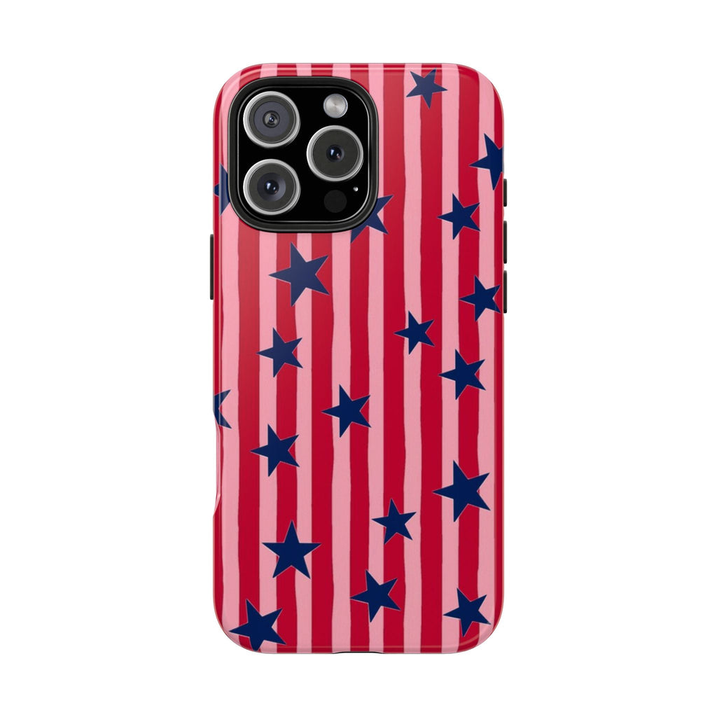 Red and white patriotic stars-and-stripes phone case with blue stars
