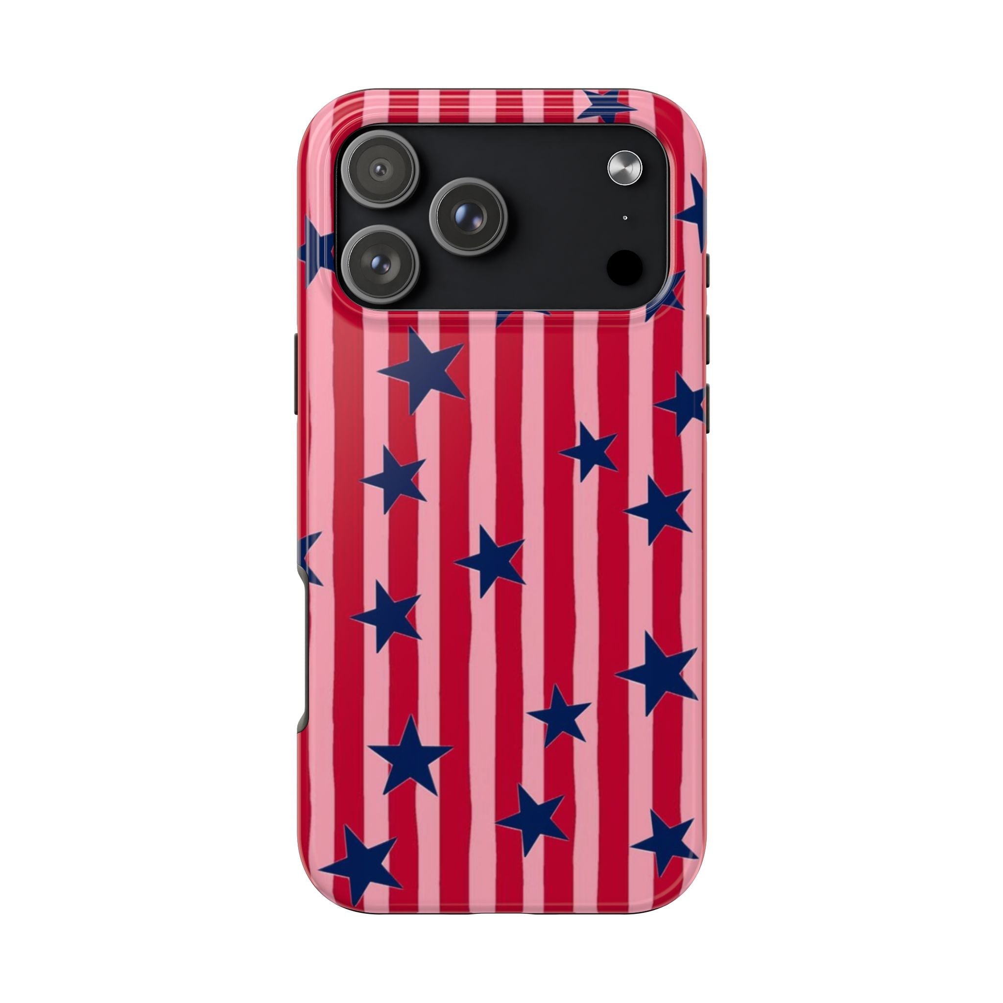 Red and white striped phone case with blue stars