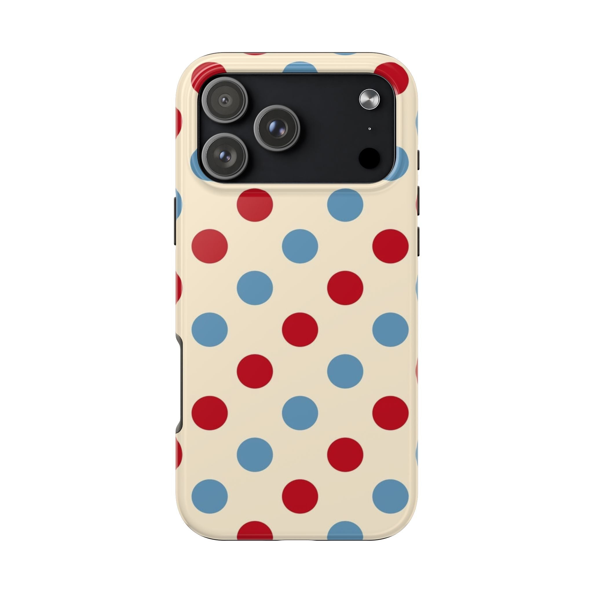 Cream phone case with red and blue polka dots and camera cutout
