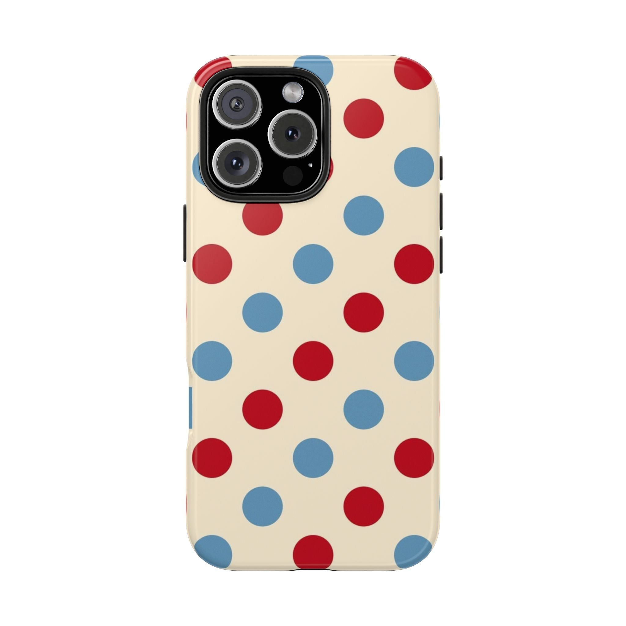 Front view cream MISS AMERICANA phone case with red and blue polka dots