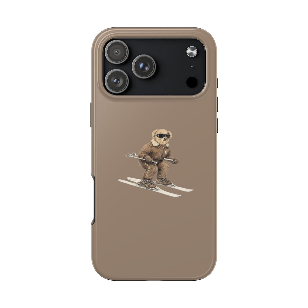 Mocha teddy bear ski phone case, front view with camera cutouts