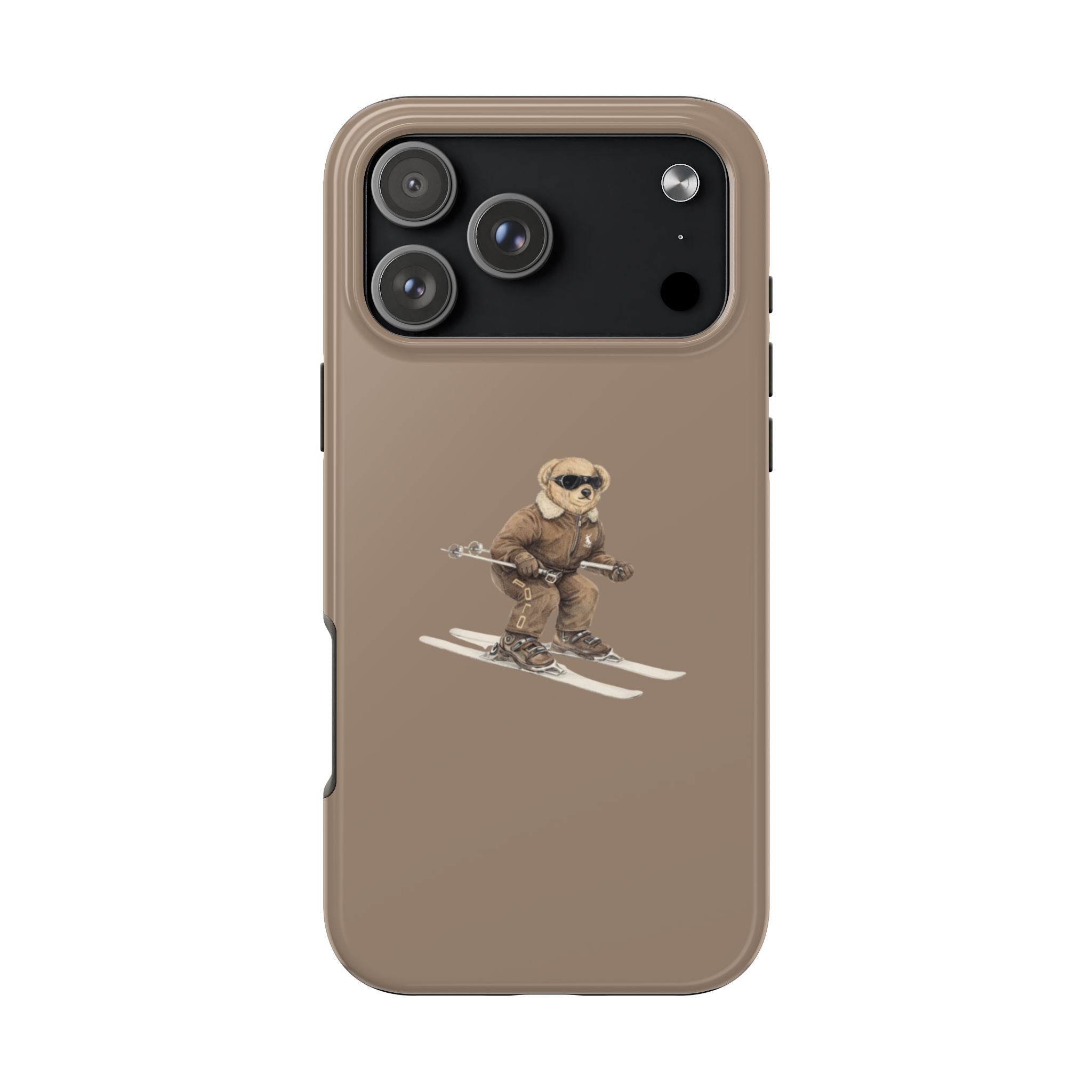 Mocha teddy bear ski phone case, front view with camera cutouts
