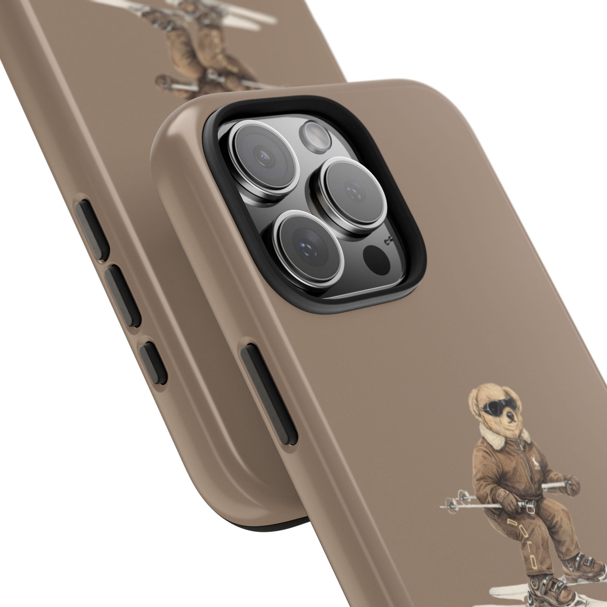 Mocha teddy bear ski phone case, side buttons and camera bump protection
