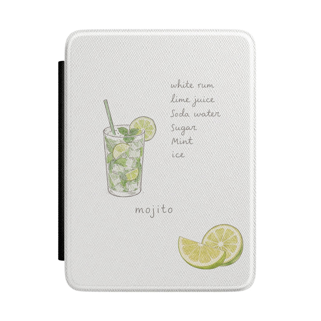 White hardcover Kindle case with mojito illustration and lime slices