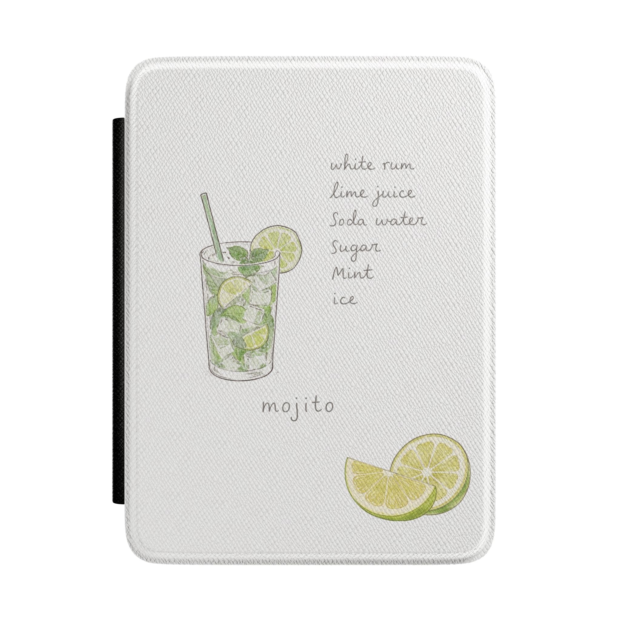 White hardcover Kindle case with mojito illustration and lime slices
