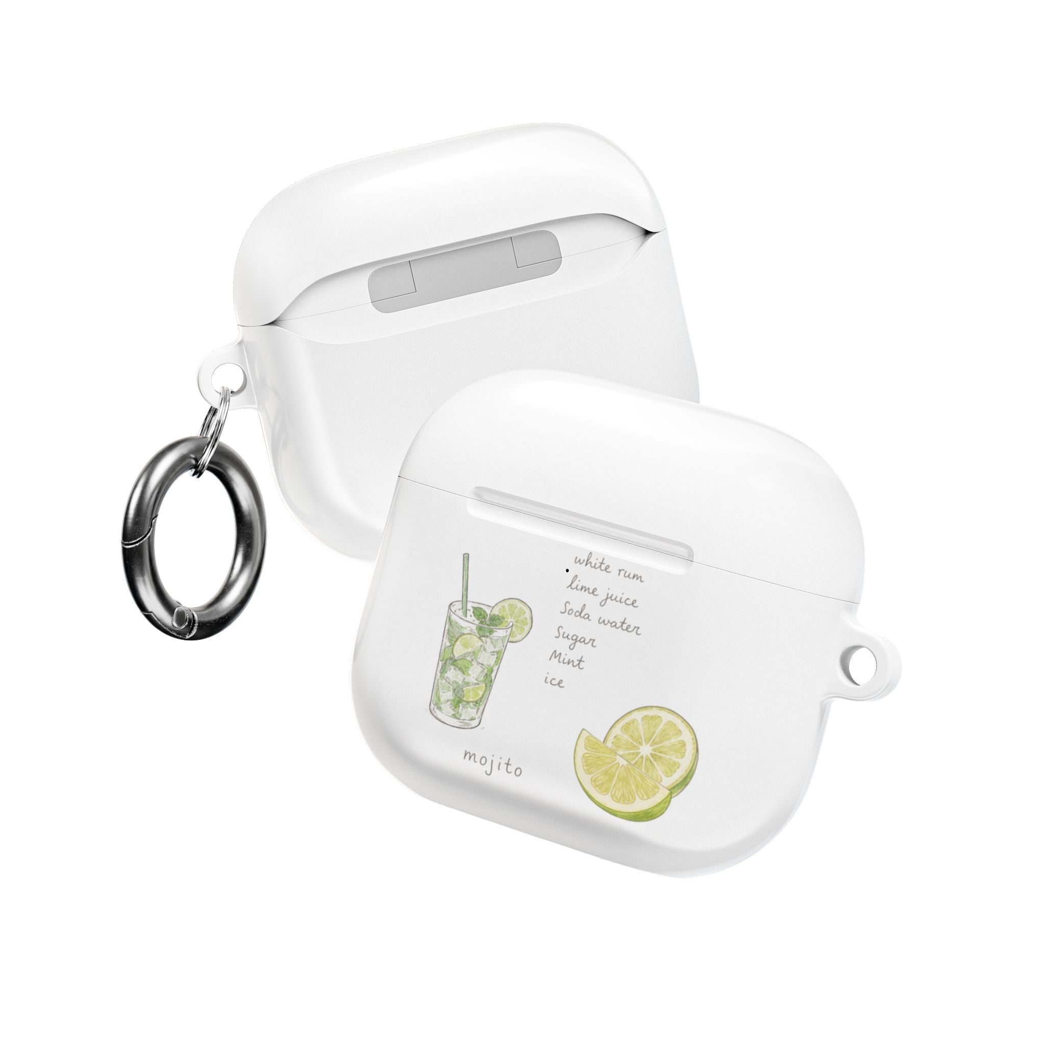 White AirPods case set with mojito print, one case in front, includes keyring loop