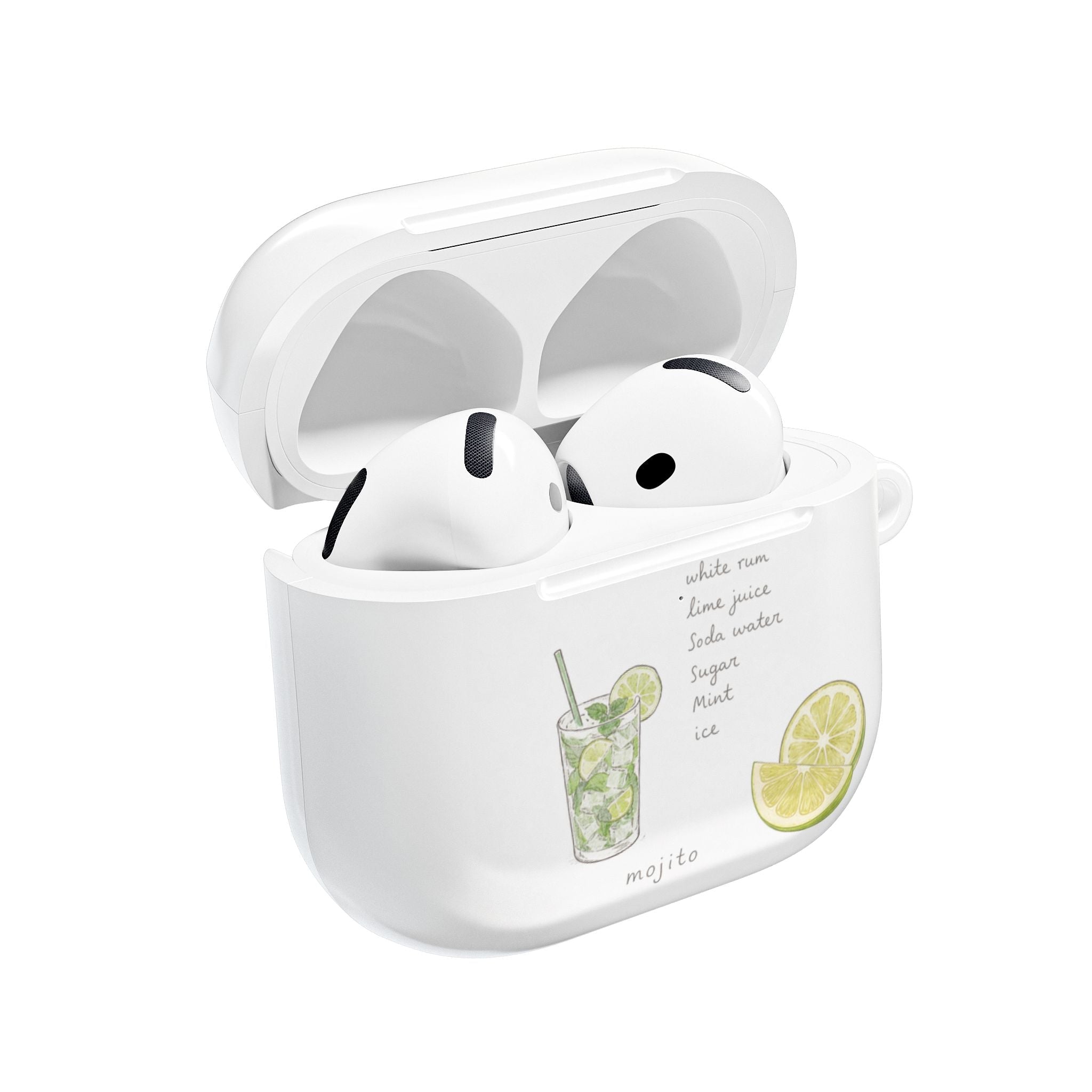White AirPods case with mojito graphic, open lid showing earbuds