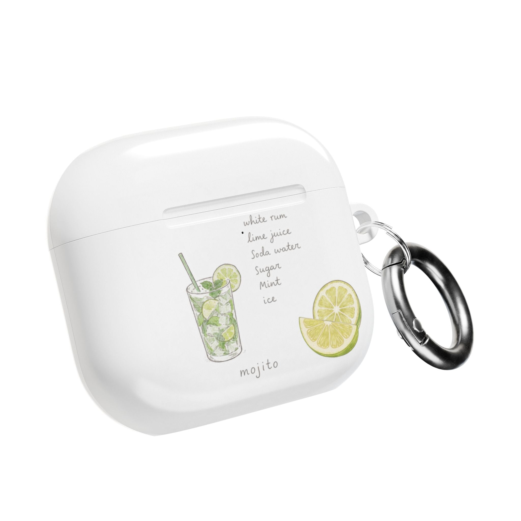 White AirPods case with mojito print, back view and metal keyring