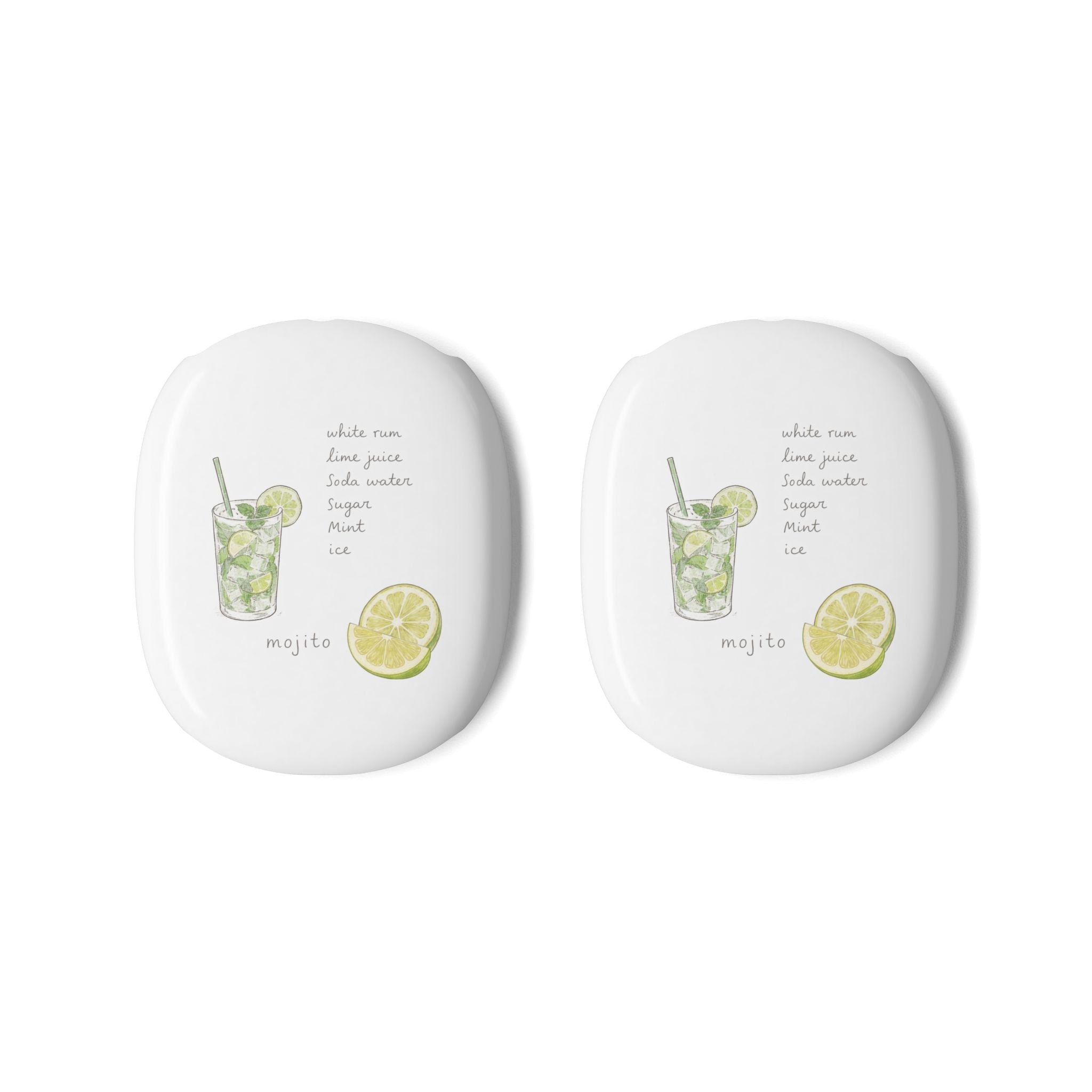 Pair of AirPods Max case covers, white with mojito lime drink graphic