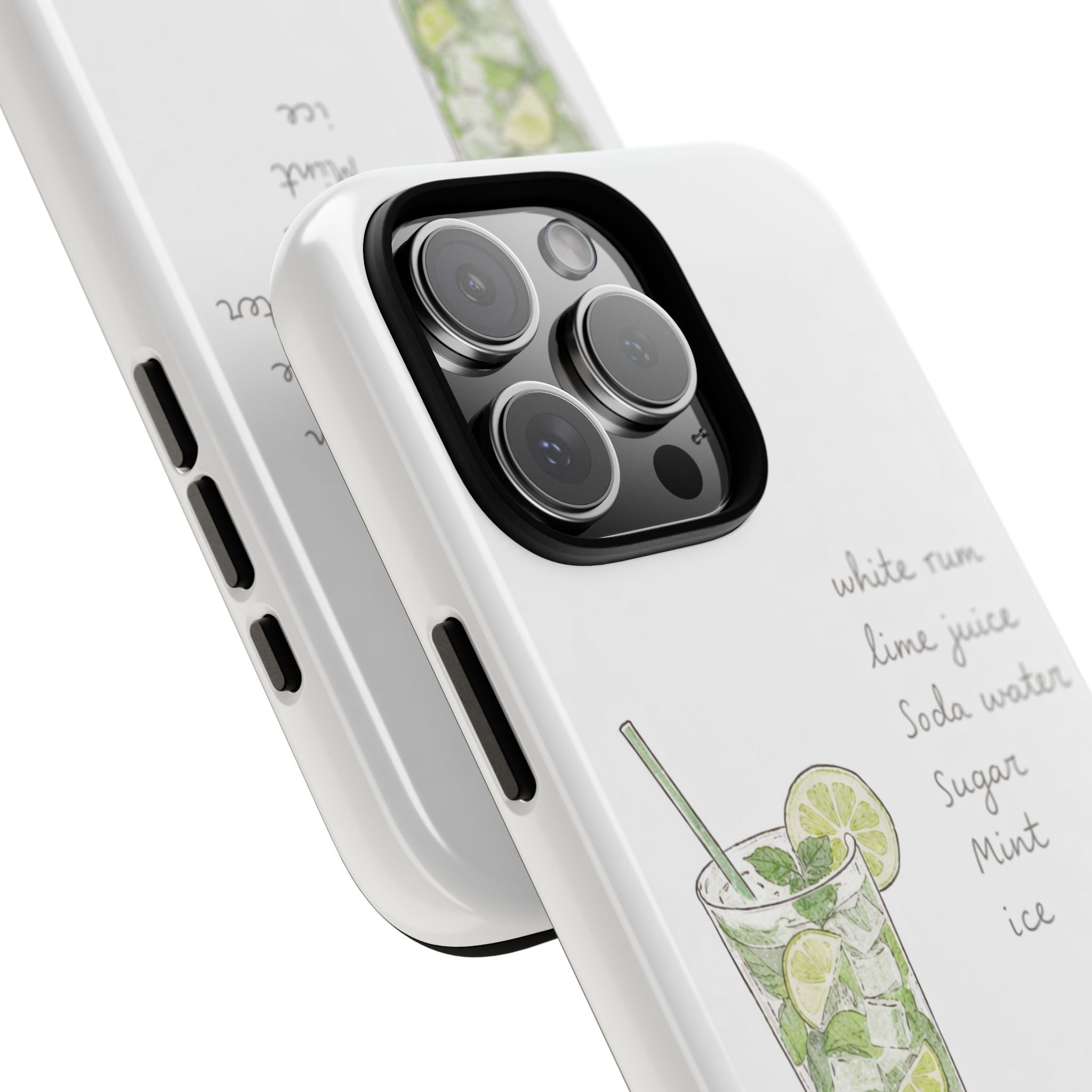 Angled view: white mojito phone case with lime juice text and drink-and-ice graphic