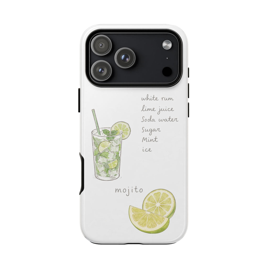 White phone case with mojito drink illustration, citrus lime slices, and camera cutout