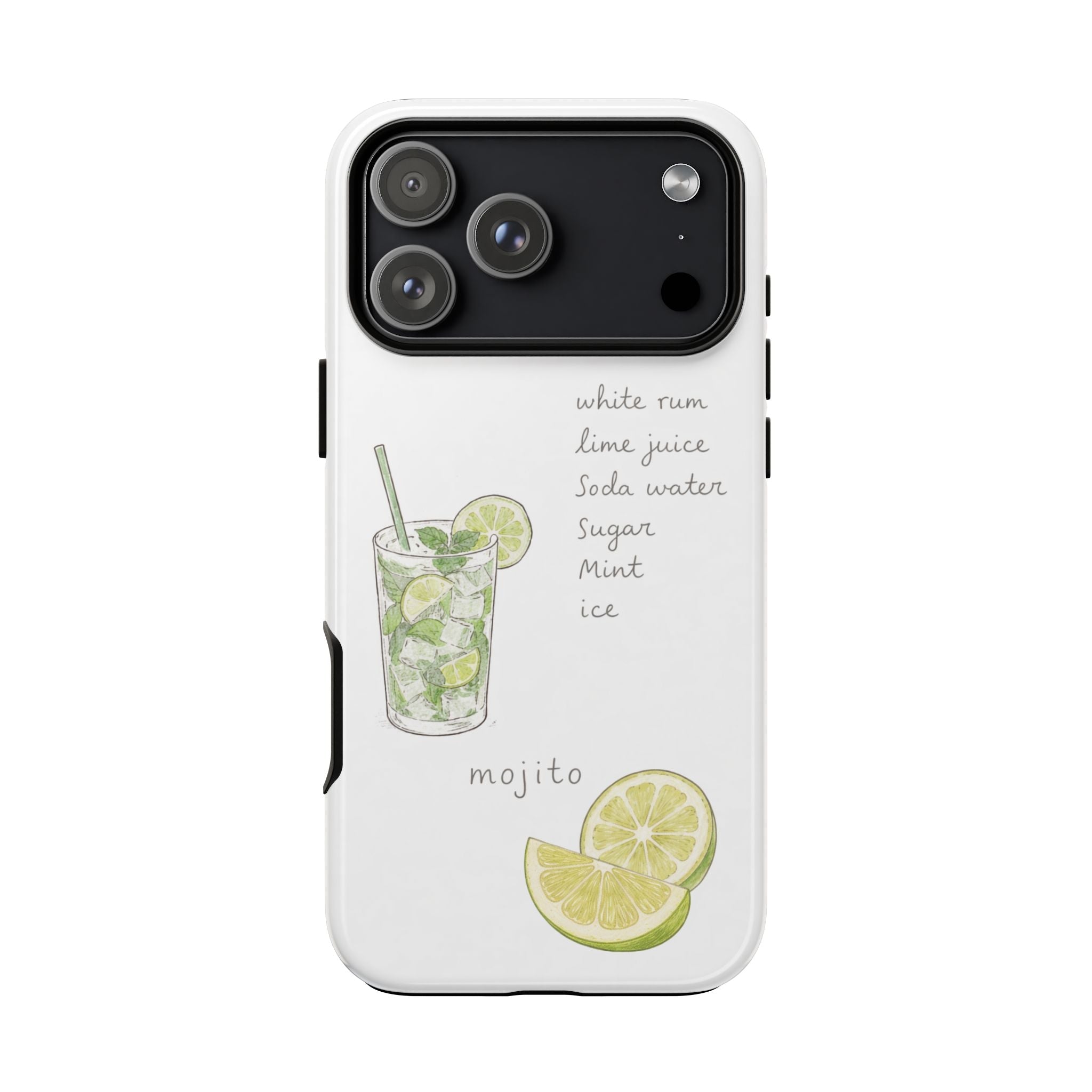 White phone case with mojito drink illustration, citrus lime slices, and camera cutout