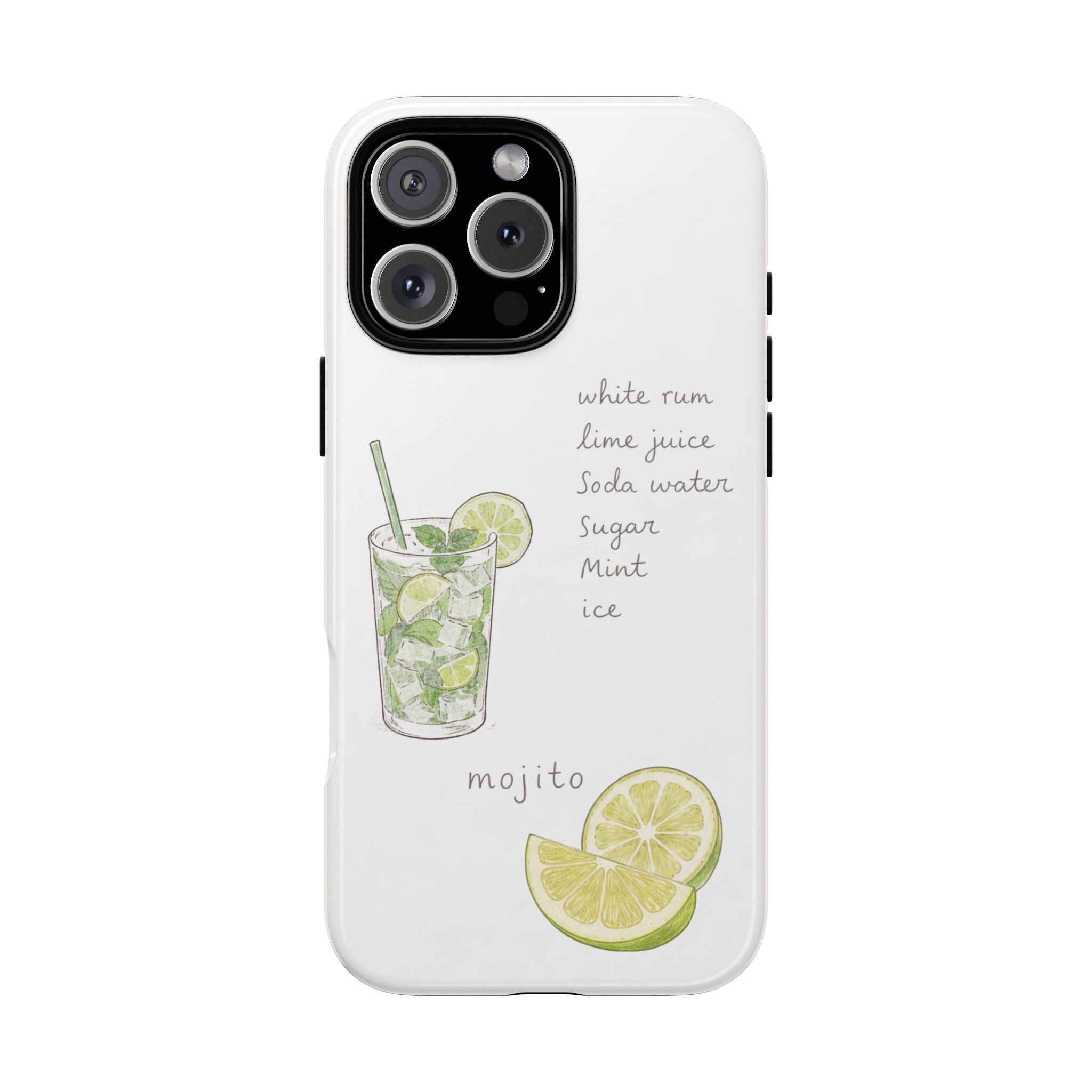 White mojito phone case with lime drink graphic and lime slice design