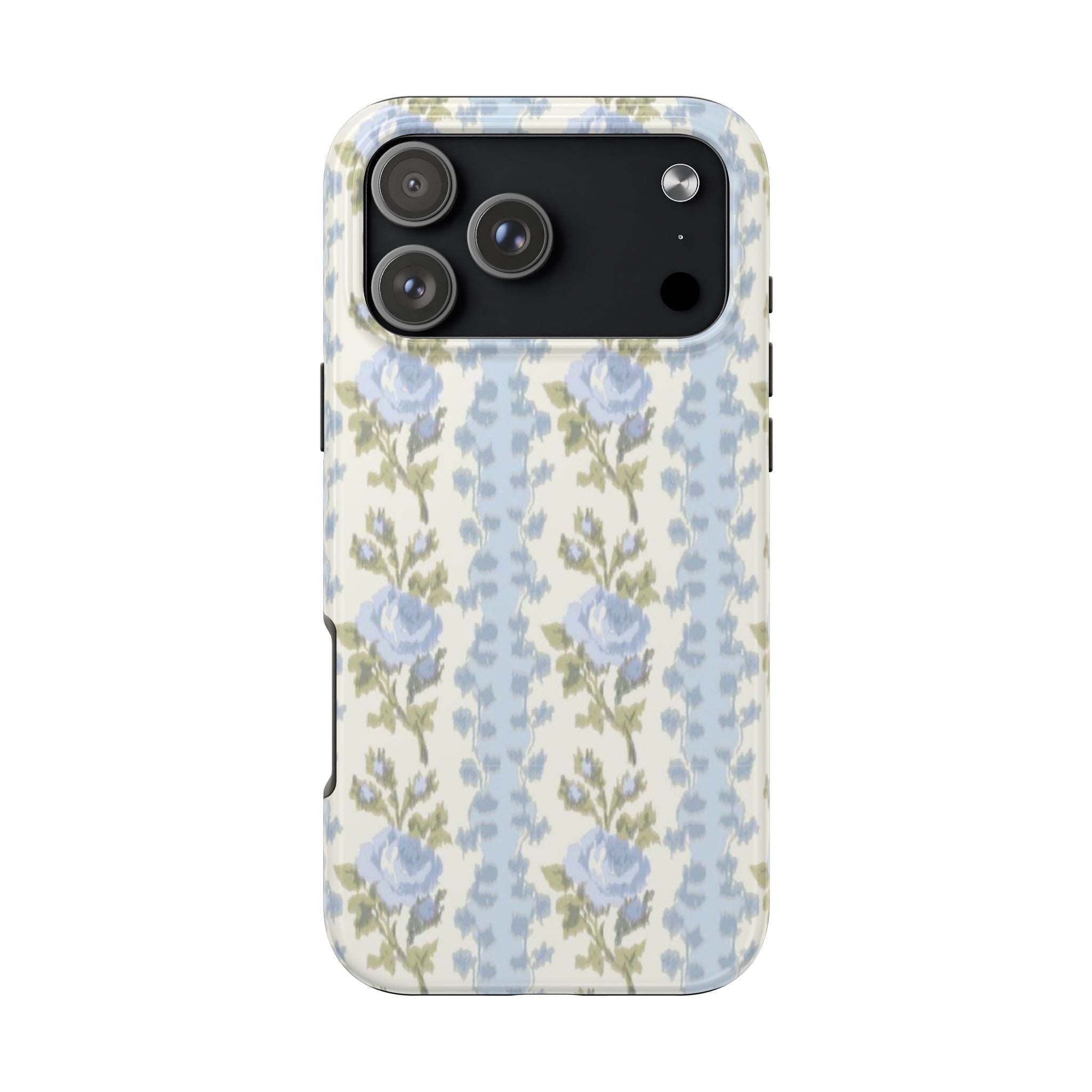 Light blue and cream rose floral phone case, centered camera opening on back.