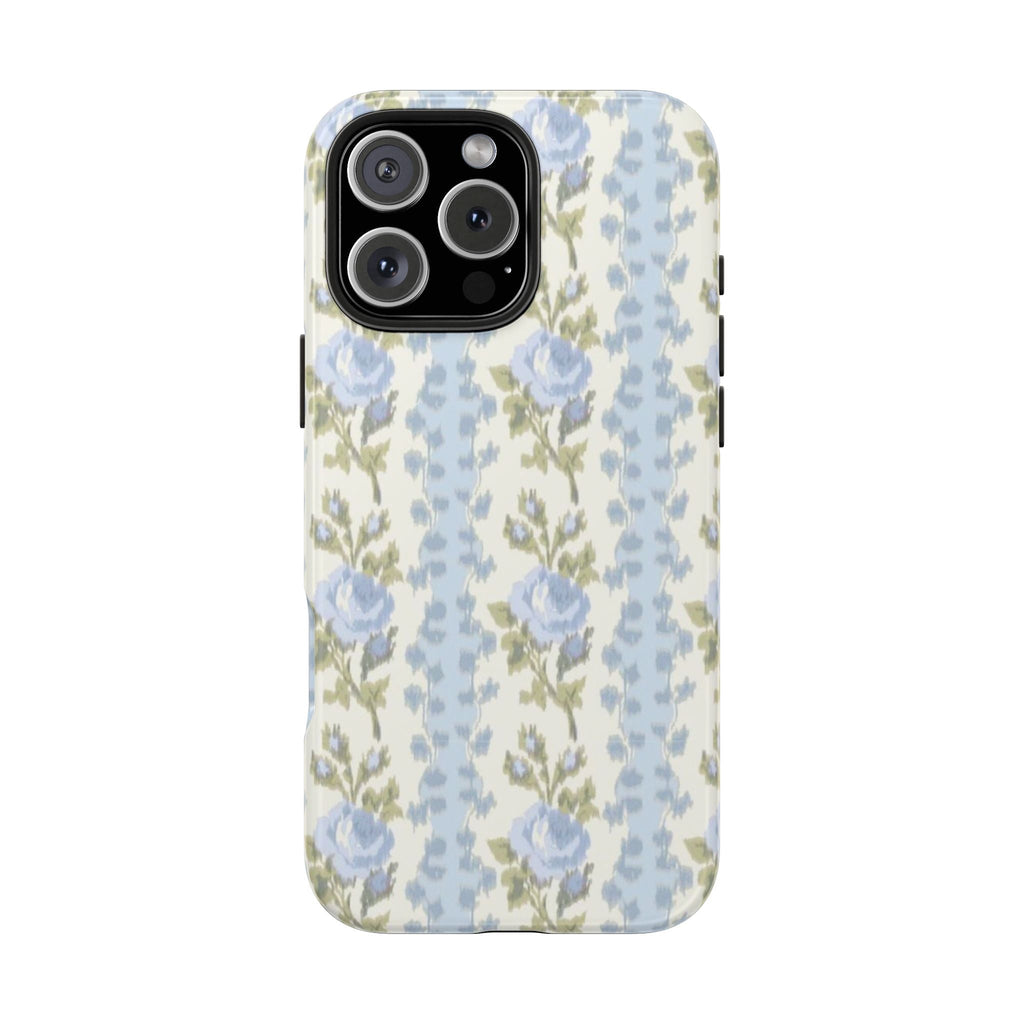 Blue rose floral phone case with camera cutout and smooth protective shell.