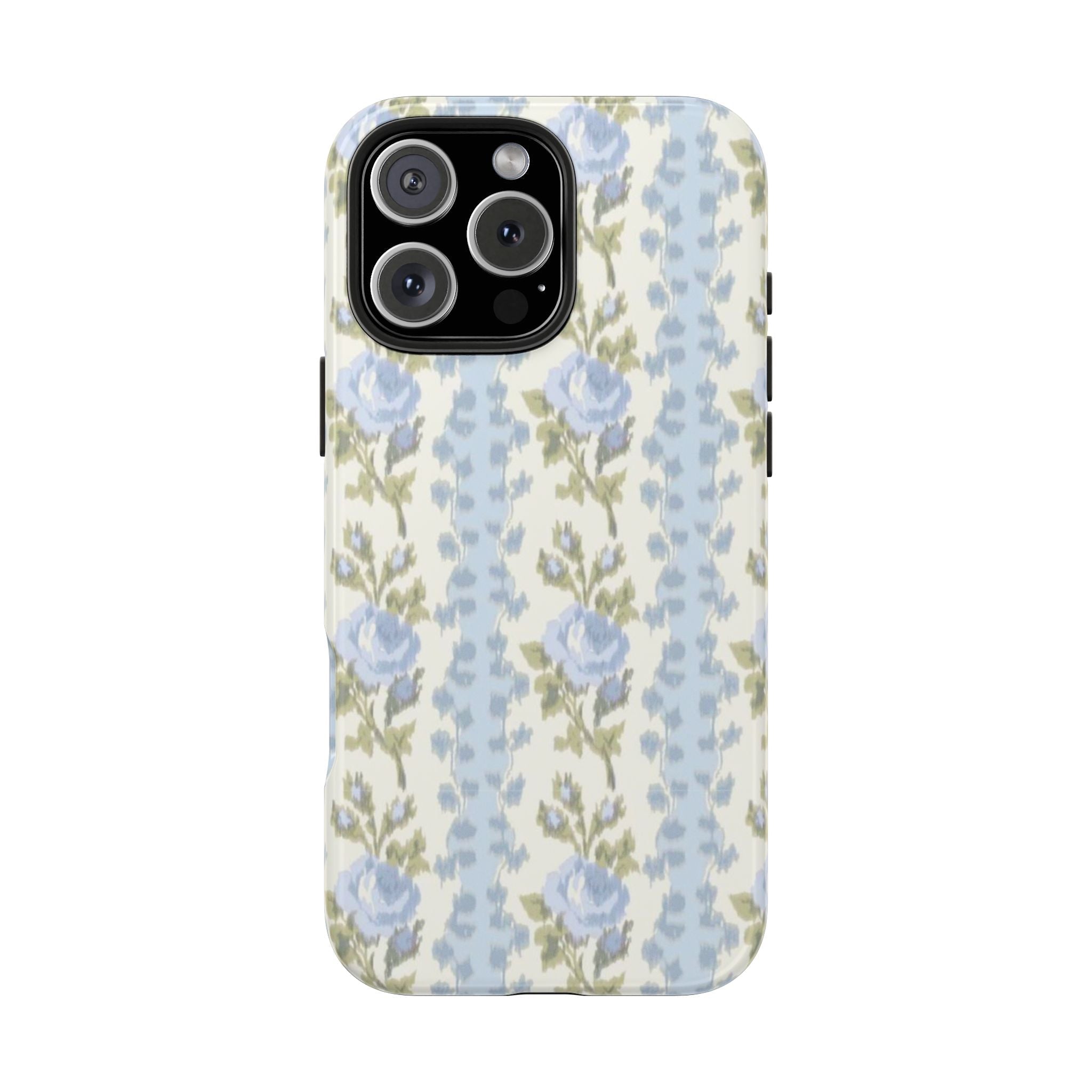 Blue rose floral phone case with camera cutout and smooth protective shell.
