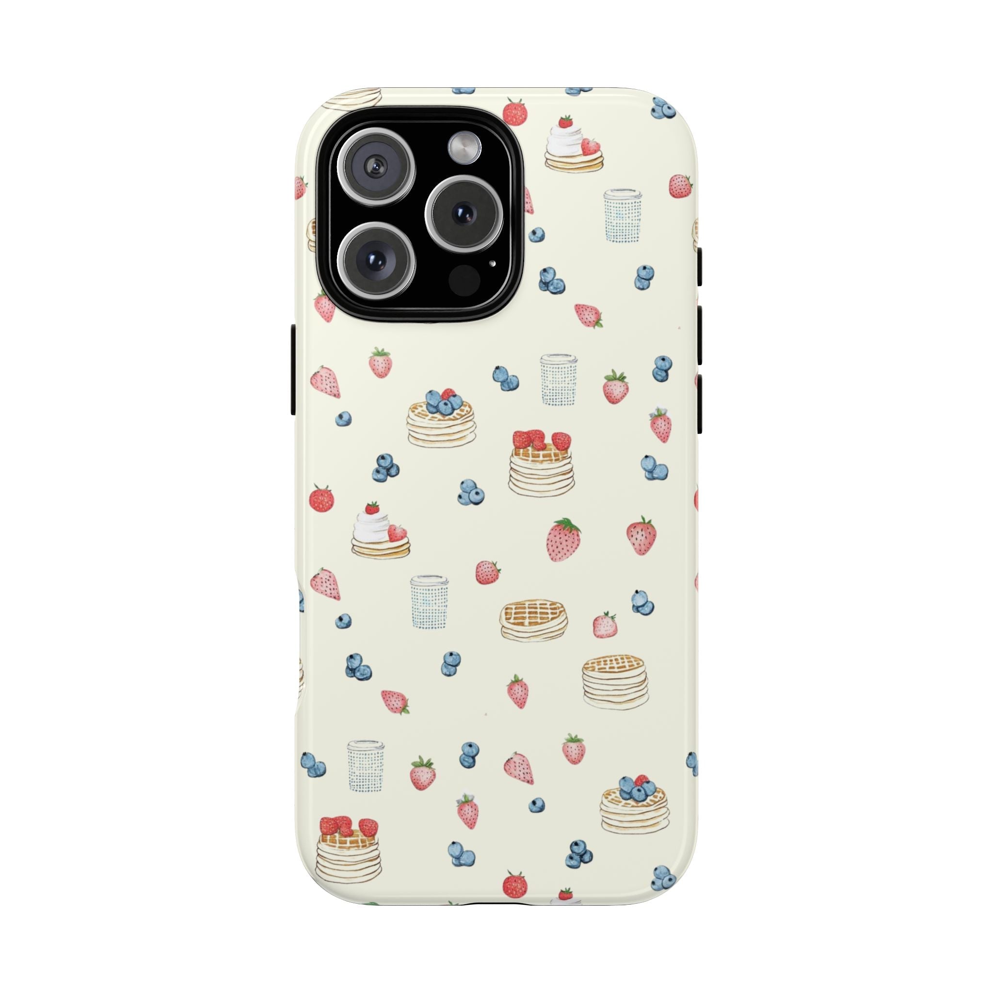 Cream phone case with pancake, strawberry, and blueberry pattern; raised camera cutouts