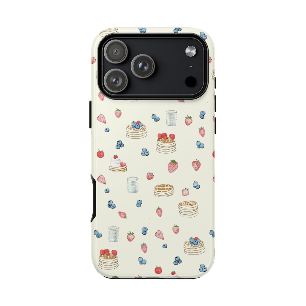 Cream patterned phone case with pancakes, strawberries, and blue berries; camera lens cutouts
