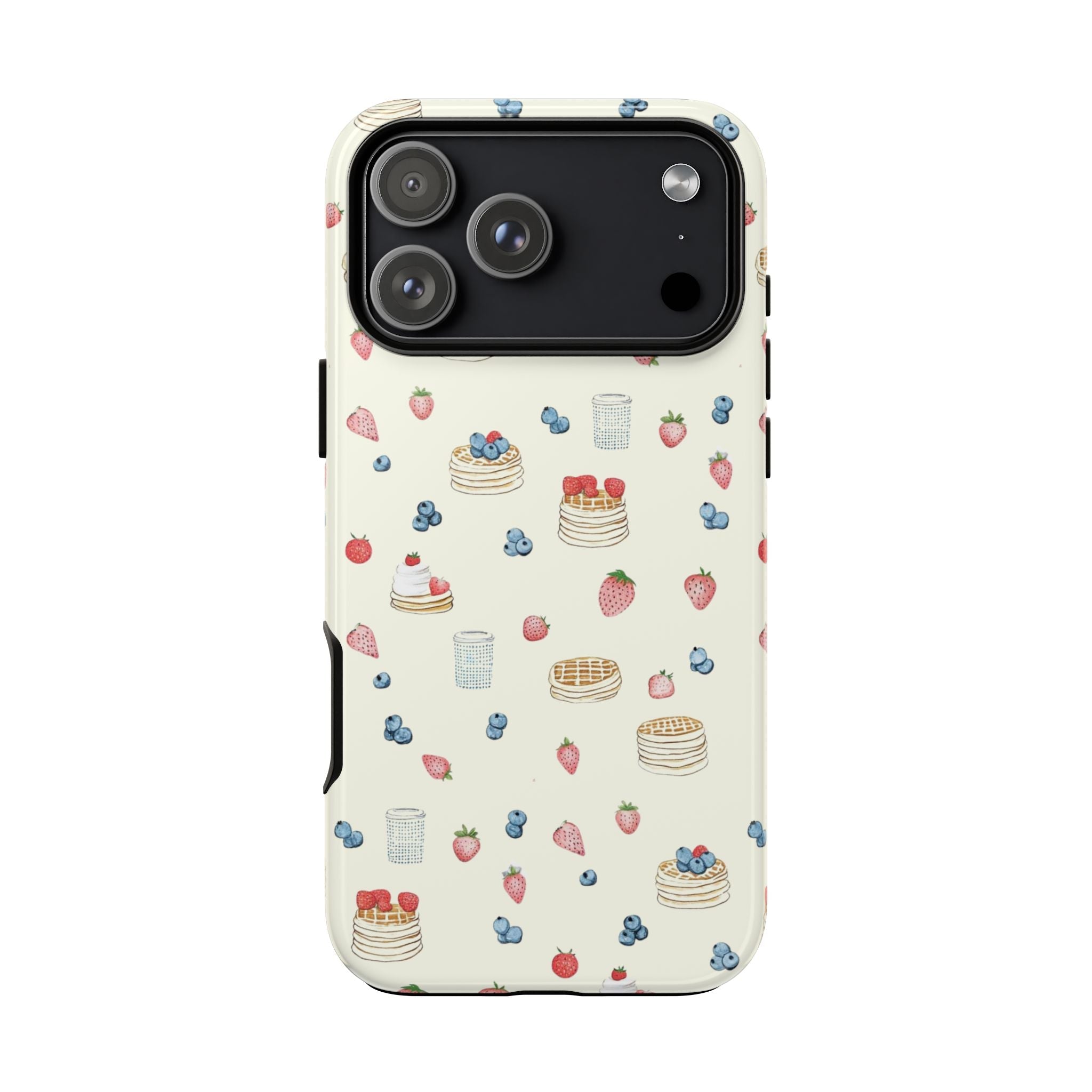 Cream patterned phone case with pancakes, strawberries, and blue berries; camera lens cutouts