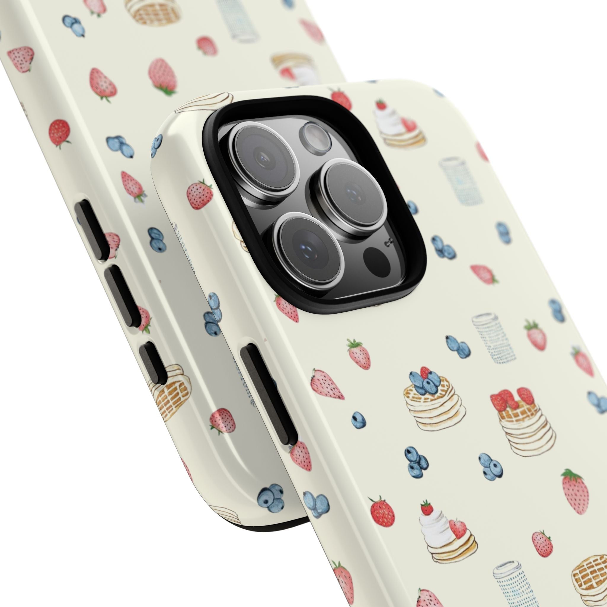 Side view of cream phone case showing pancake and berry pattern with camera bump protection