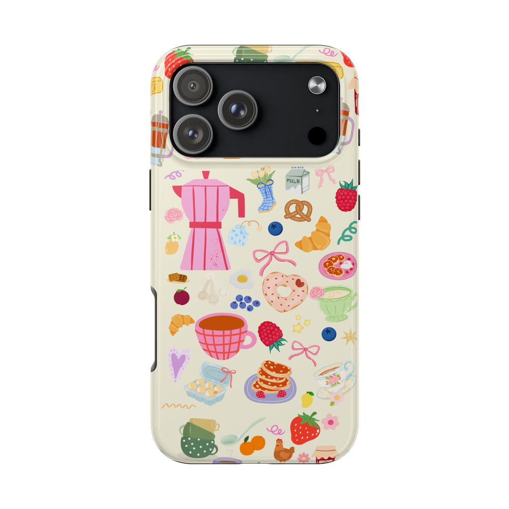 Printed phone case back with colorful breakfast and coffee doodles; camera cutouts visible