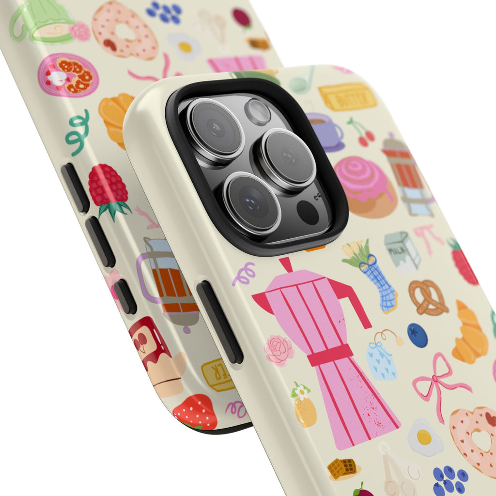 Angle view of breakfast and coffee phone case with raised camera bump and colorful icons