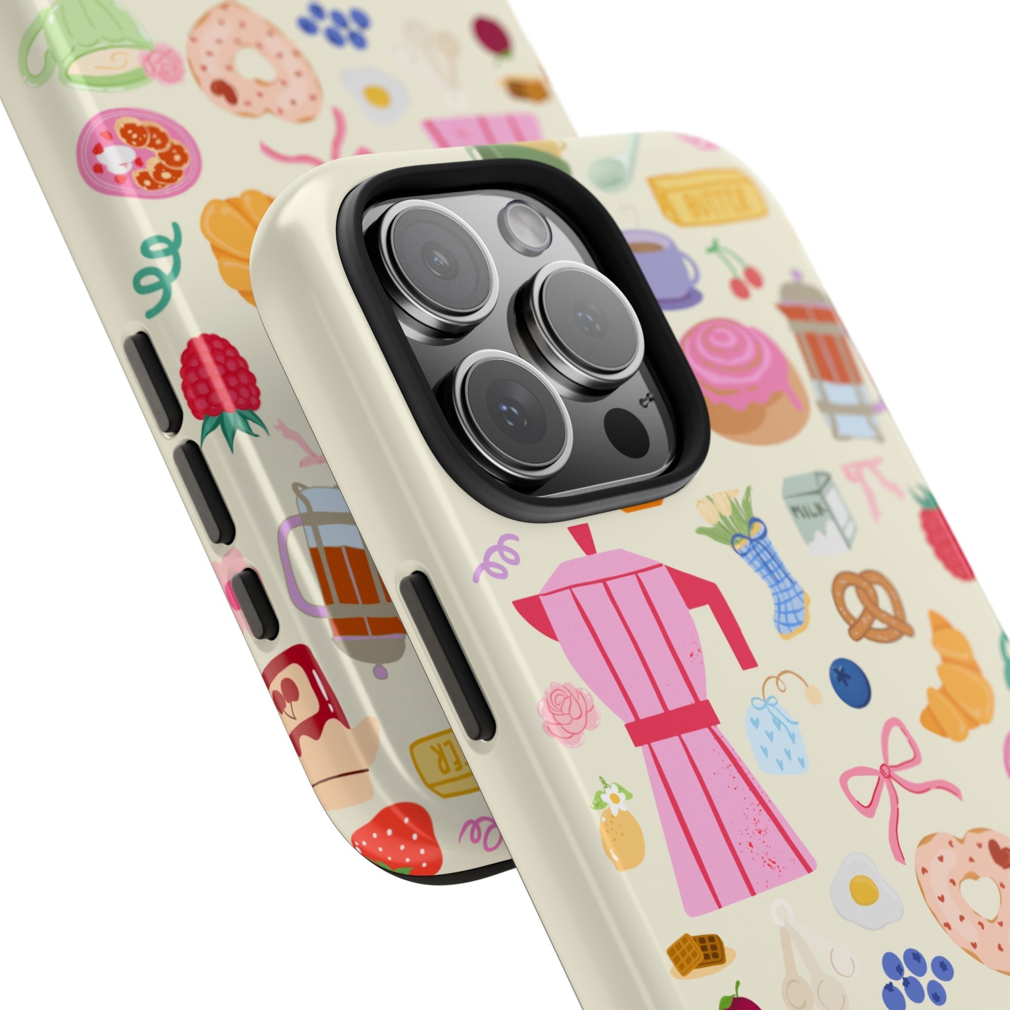 Angle view of breakfast and coffee phone case with raised camera bump and colorful icons
