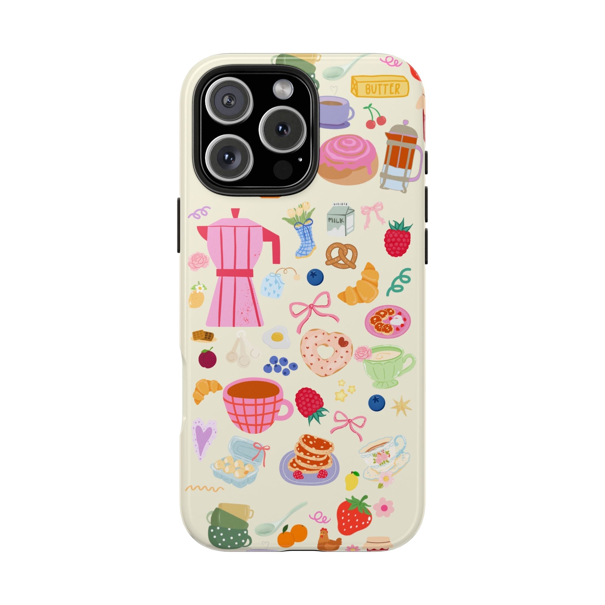 Breakfast-themed phone case with coffee, pastries, and kitchen icons on light background