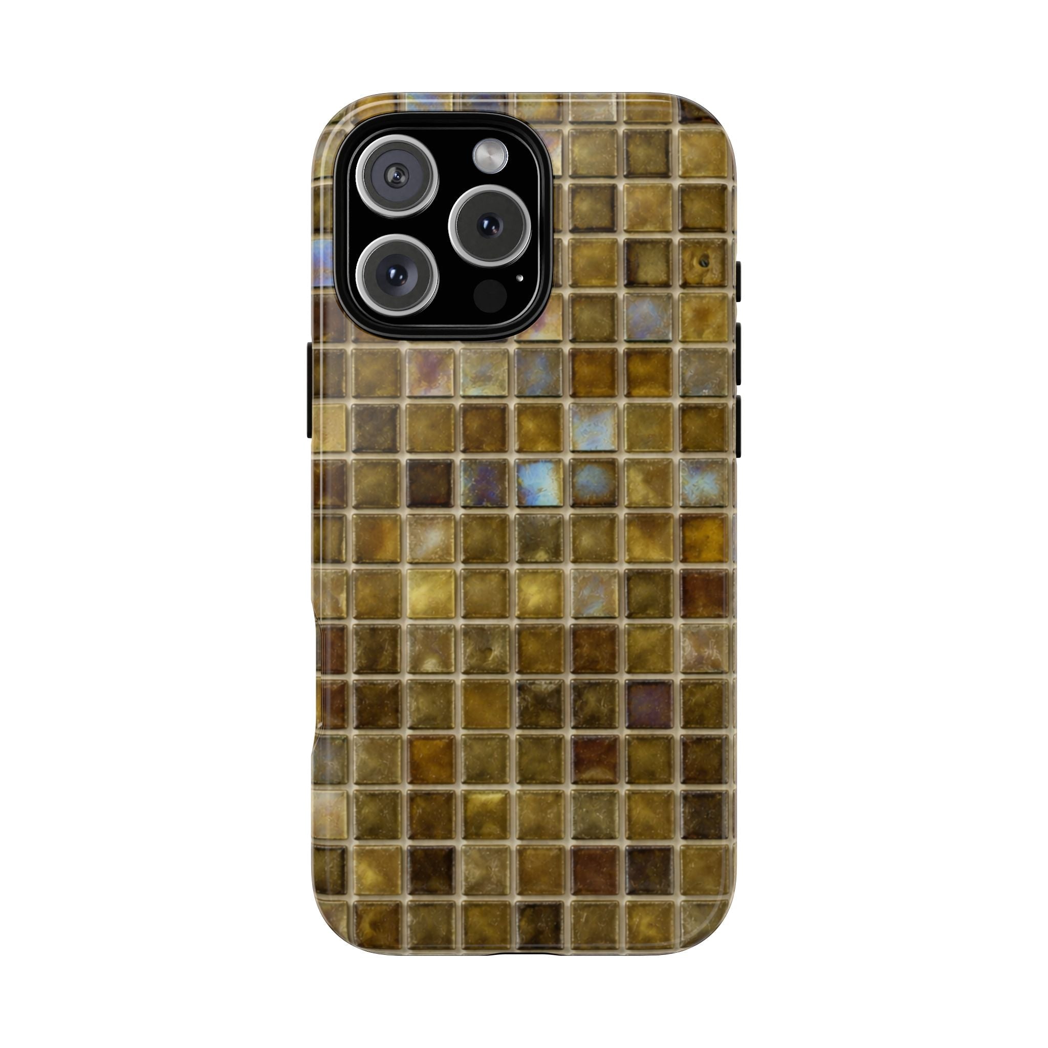Moss green mosaic phone case, glossy tile pattern, camera cutouts