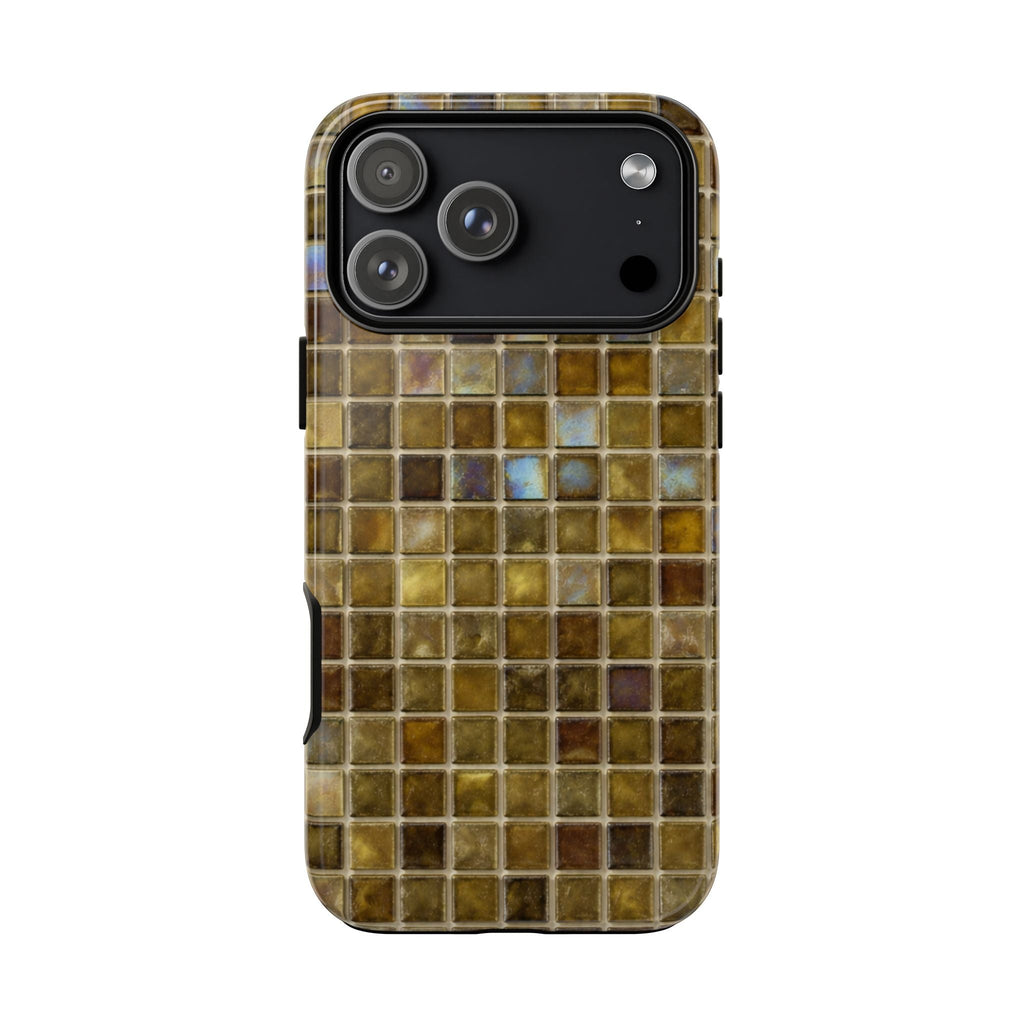 Moss green mosaic phone case with glossy finish, camera window and button openings