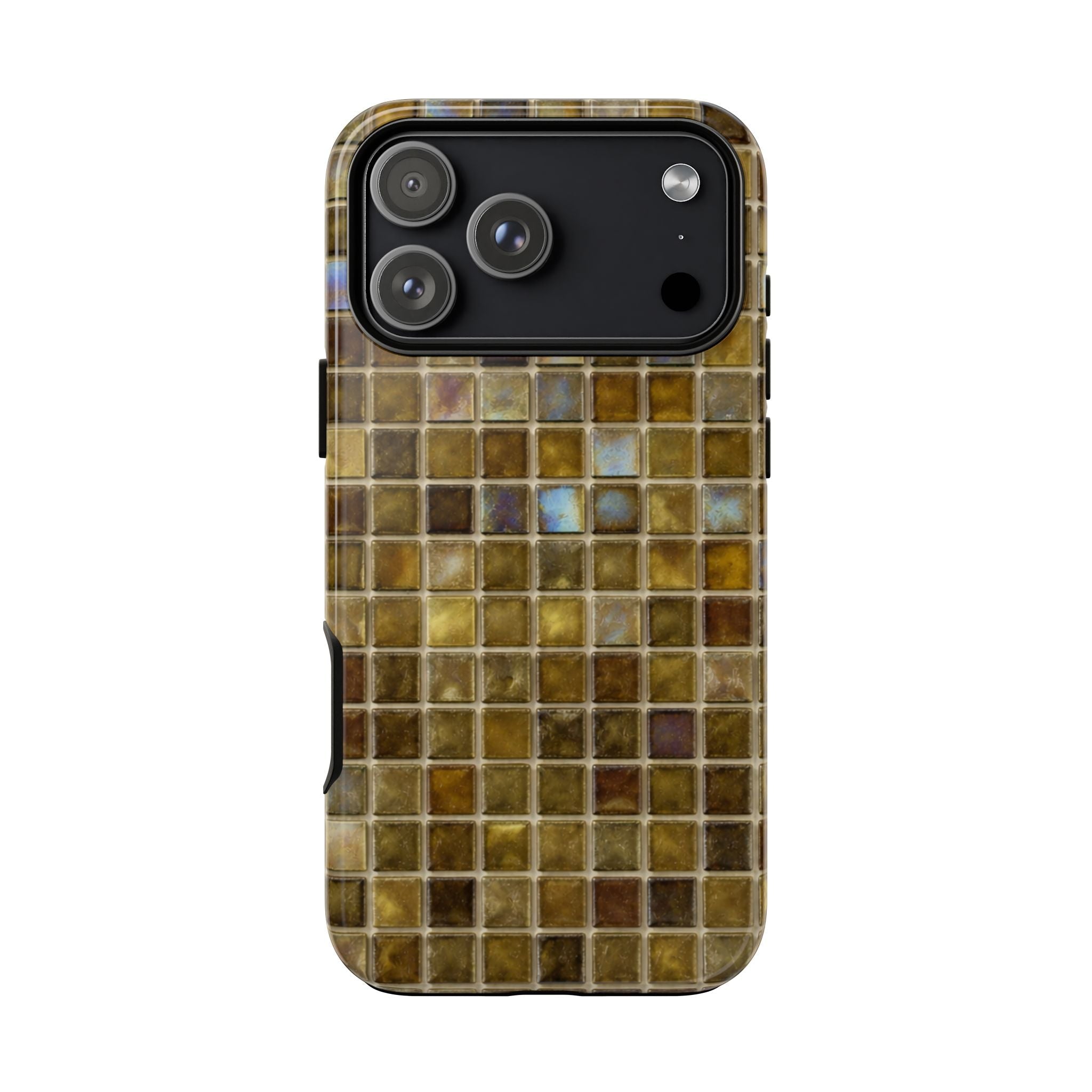 Moss green mosaic phone case with glossy finish, camera window and button openings