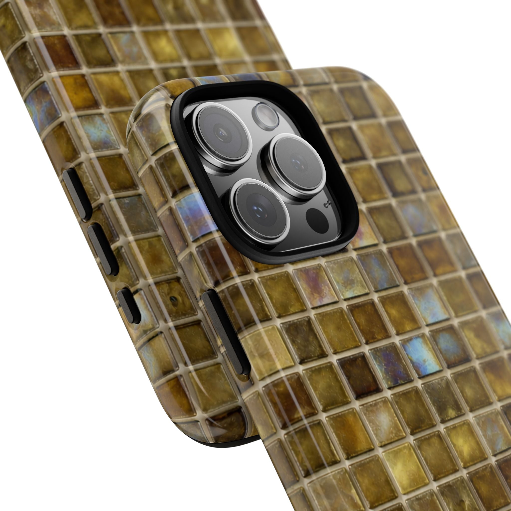 Moss green mosaic phone case, raised camera bump and tiled glass pattern