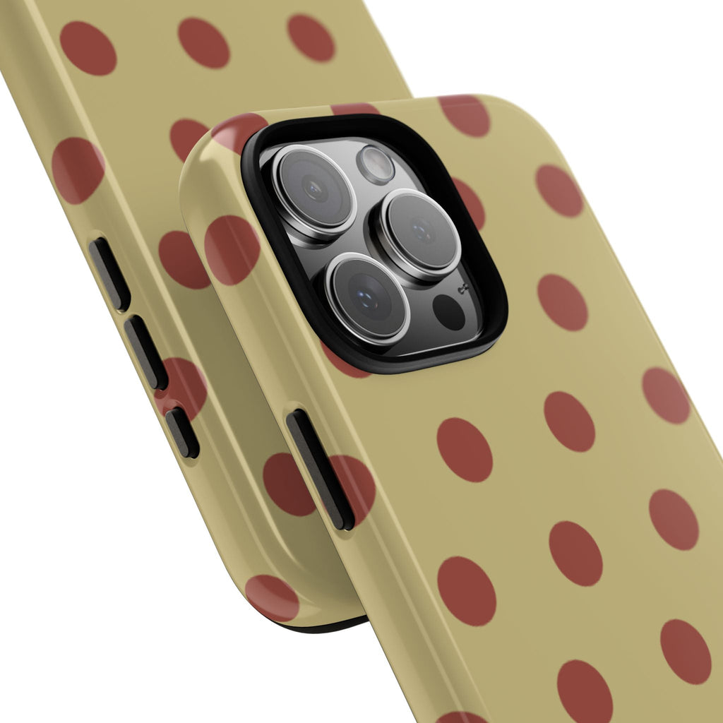Moss green polka dot phone case angled view, with camera lenses and cutouts