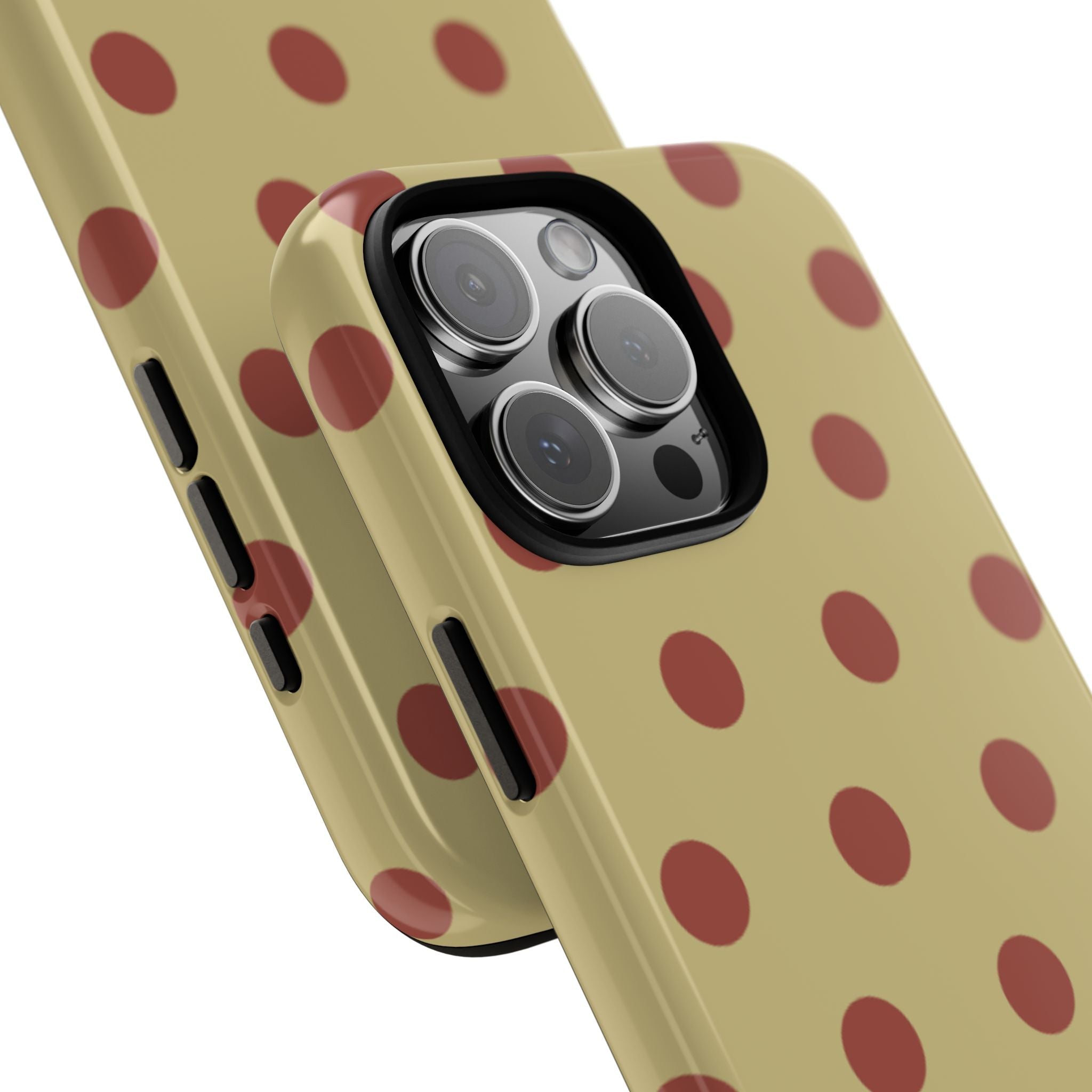 Moss green polka dot phone case angled view, with camera lenses and cutouts