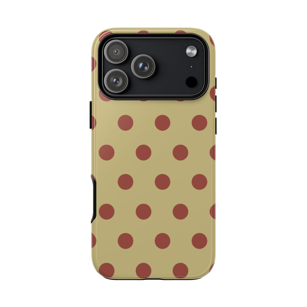 Moss green polka dot phone case with raised camera housing and side buttons