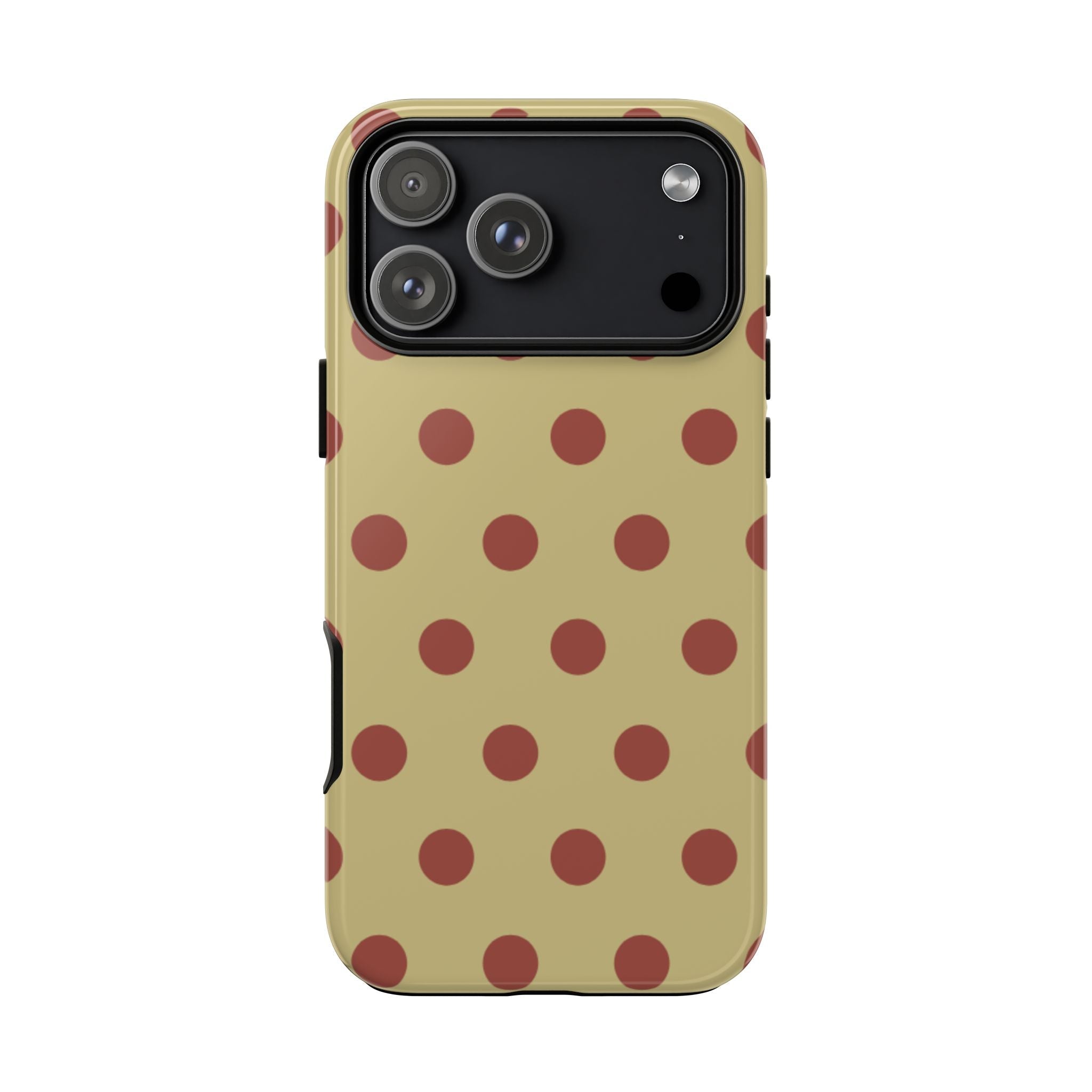 Moss green polka dot phone case with raised camera housing and side buttons