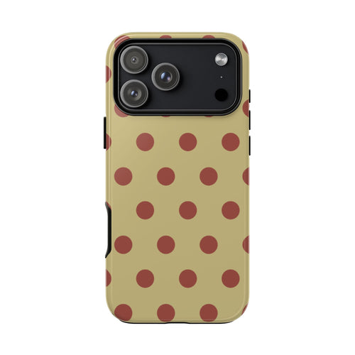 Moss green polka dot phone case with raised camera housing and side buttons
