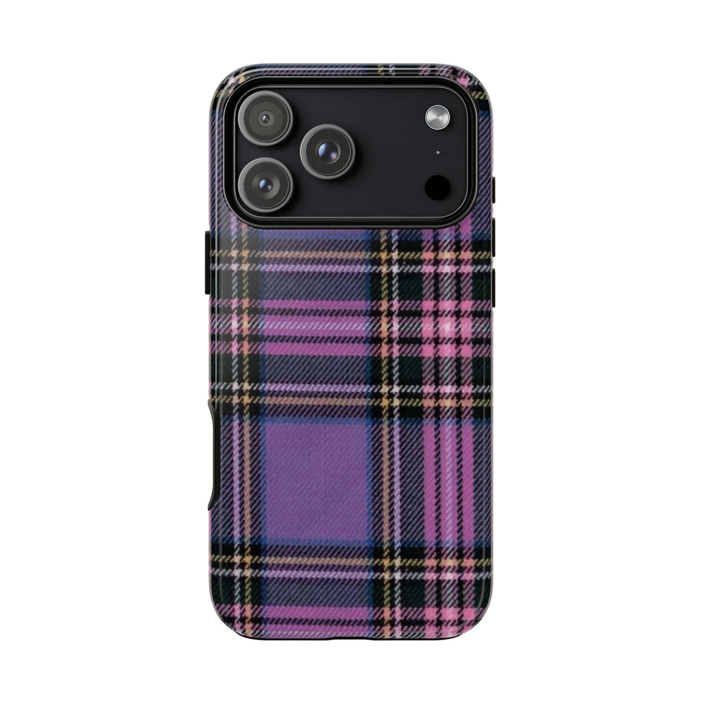 Purple plaid phone case back with camera cutouts and slim protective frame