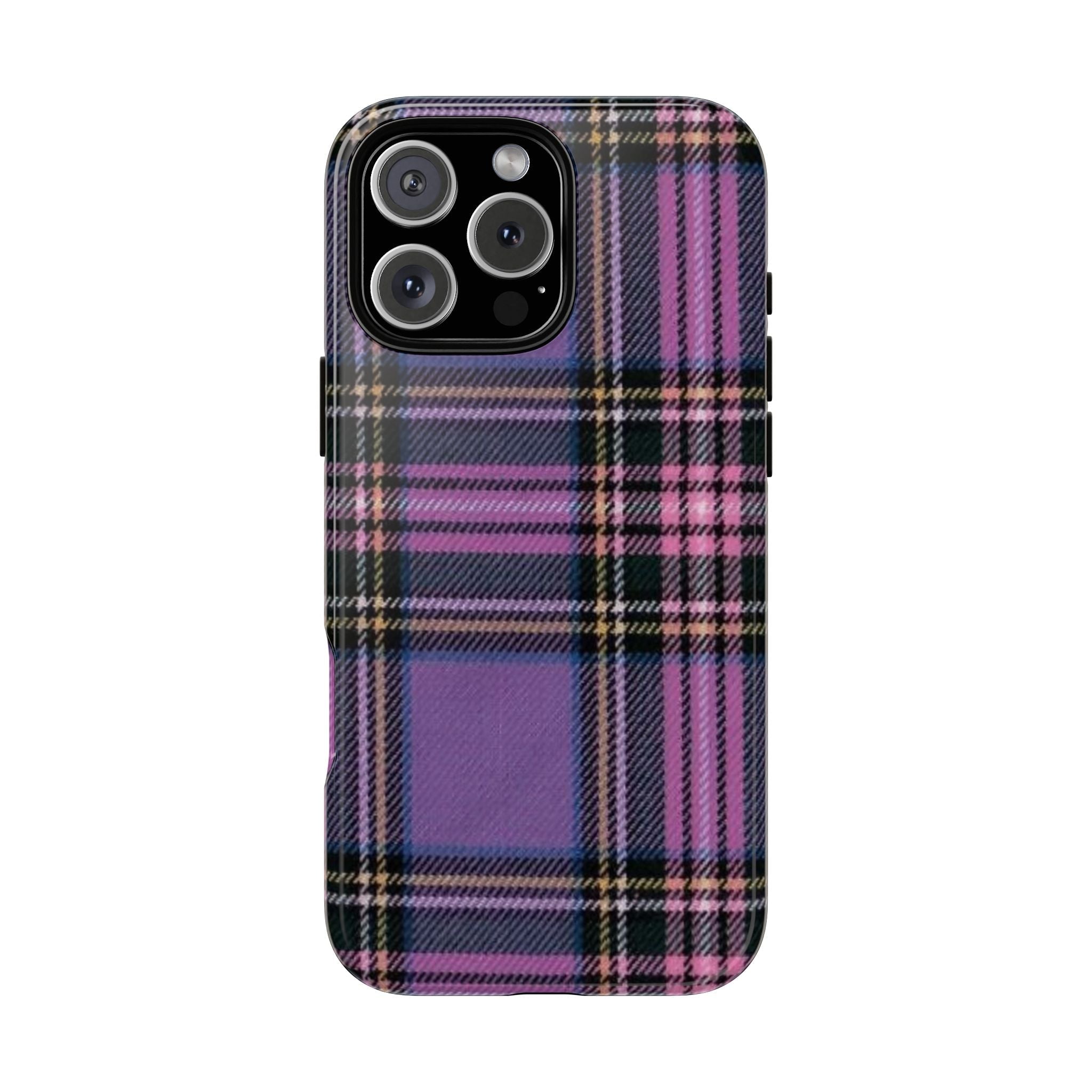 Purple plaid phone case with raised camera cutouts and smooth protective edges