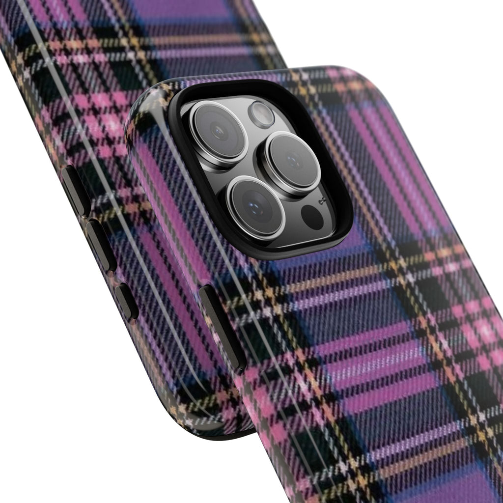 Purple plaid phone case with side buttons and camera lens cutout openings