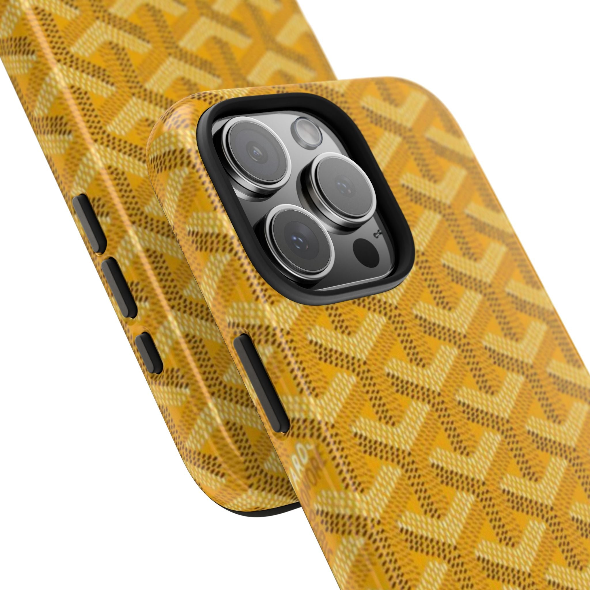 Mustard yellow patterned phone case with side button cutouts, angled view